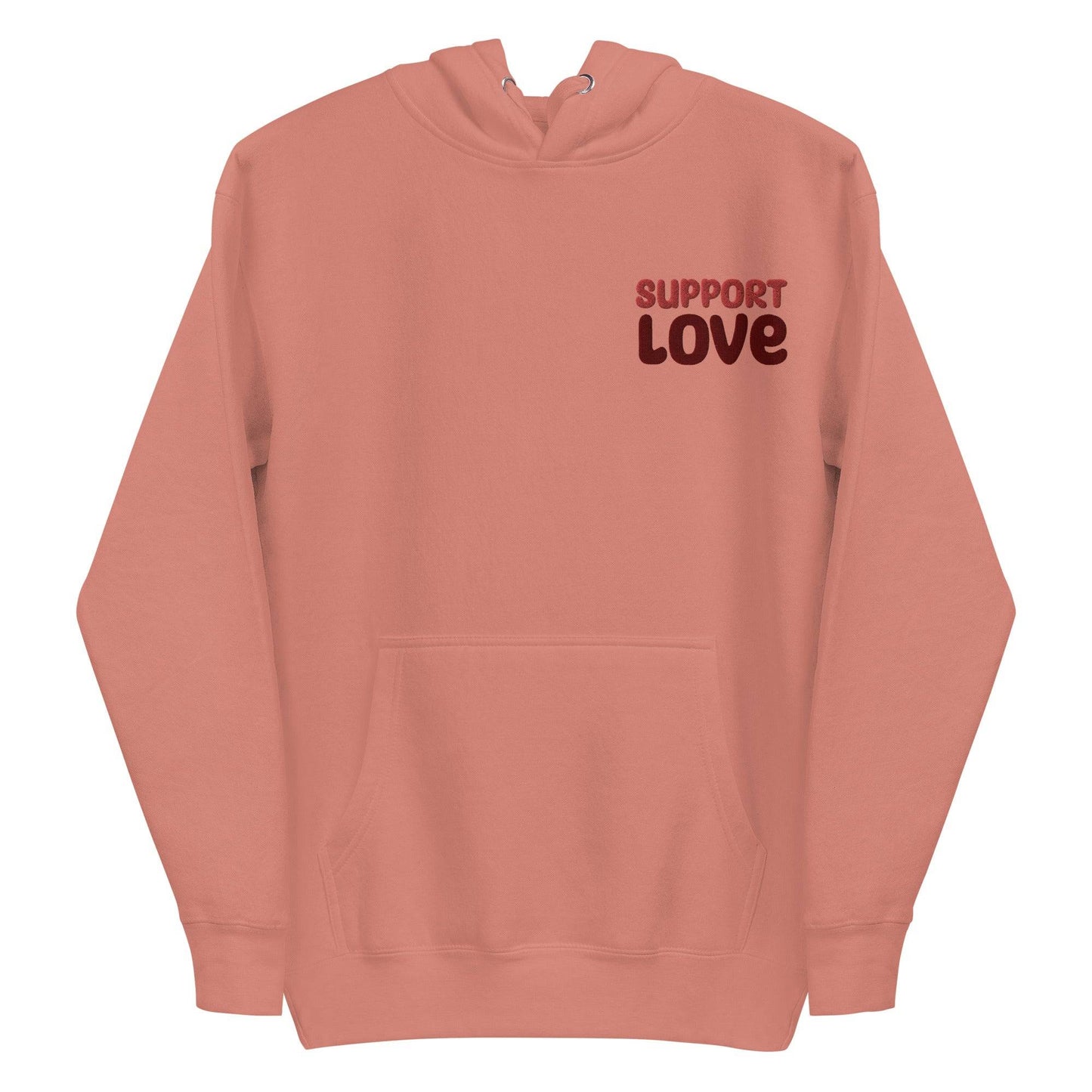 Introducing the "Support Love Hoodie" from Pridelity's pride collection. This LGBTQ+ friendly design in dusty rose boasts "Support Love" printed in dark red on the left chest area. Featuring a stylish front pocket and drawstrings, it beautifully marries fashion with a message of unity and acceptance.