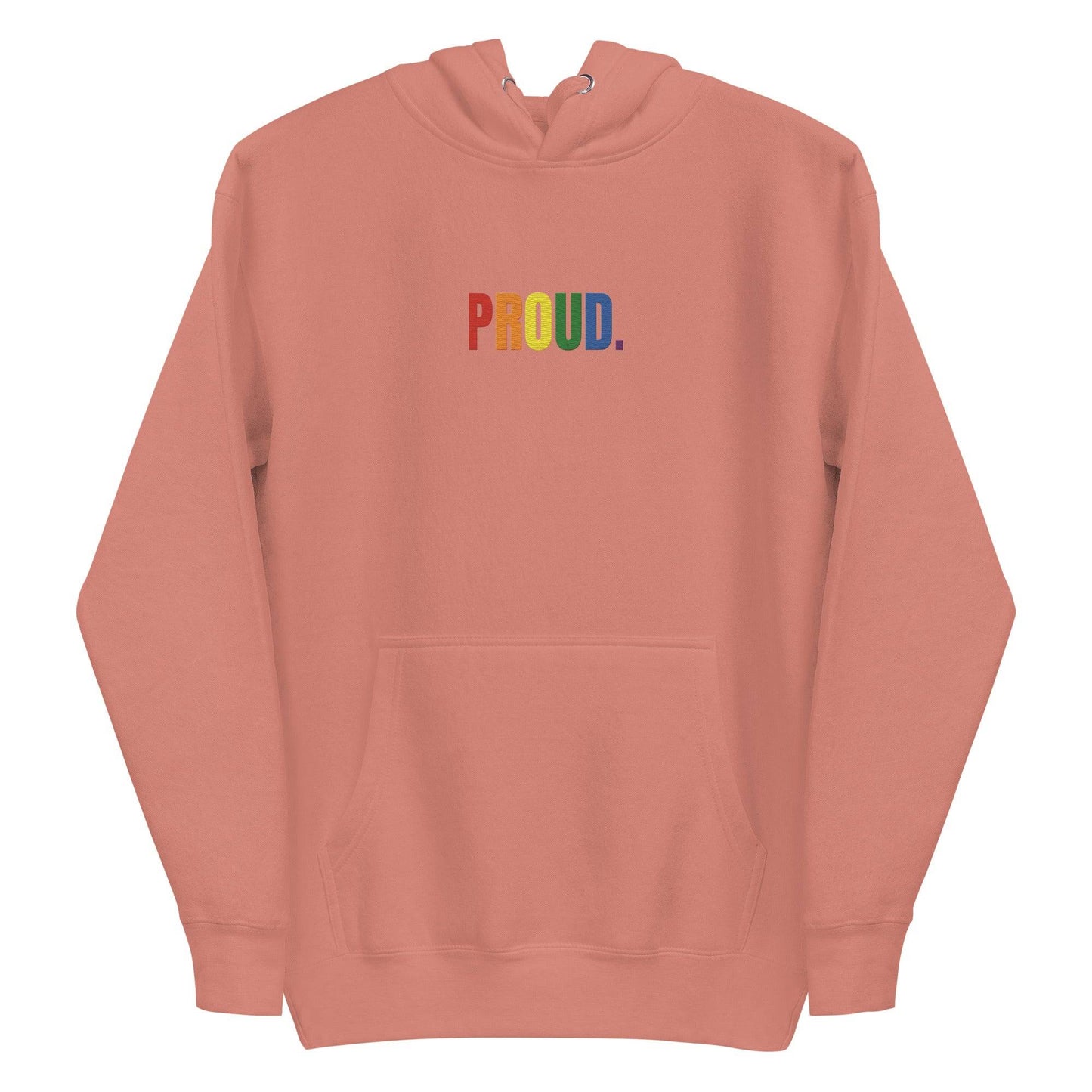 The Proud Hoodie by Pridelity is a white hoodie featuring "PROUD." in vibrant rainbow colors on the front, capturing the essence of pride shirts. It includes a convenient front pocket and an adjustable drawstring hood.