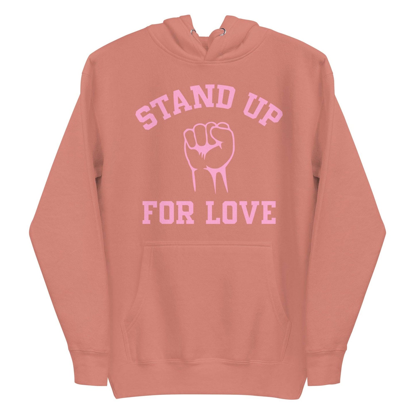 Check out the Stand Up Hoodie by Pridelity, a purple piece from our pride collection, adorned with "Stand Up For Love" in pink and a central raised fist graphic, celebrating LGBTQ+ solidarity.