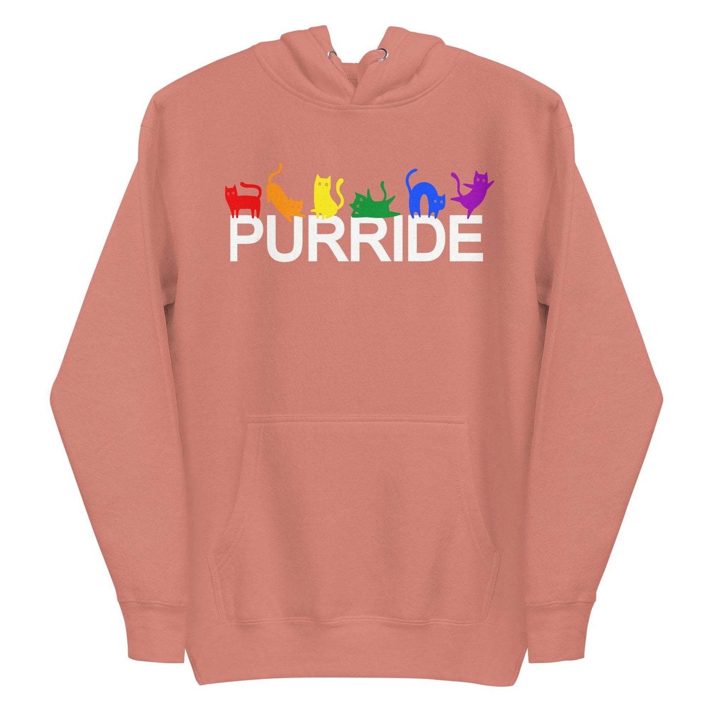 The Purride Hoodie by Pridelity is a standout among pride shirts, featuring the word "PURRIDE" in white. Above it, vibrant silhouettes of cats in rainbow colors strike various poses, celebrating pride with style and charm on a sleek black background.