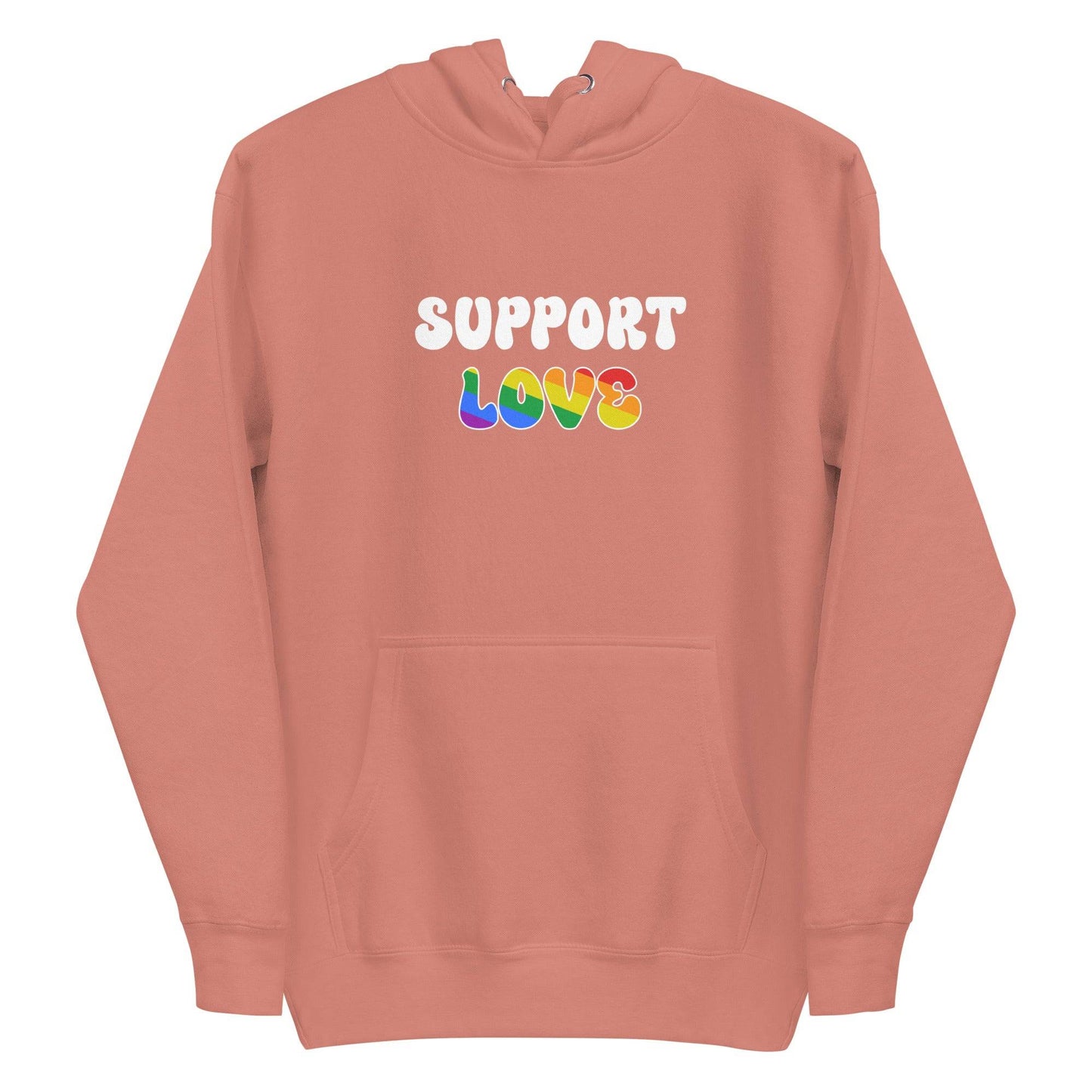 Introducing the "Support Love Hoodie" by Pridelity. This gray hoodie is from our Pride Collection and showcases "SUPPORT LOVE" prominently on the front, with "LOVE" displayed in vibrant rainbow colors. Complete with a front pocket and a drawstring hood, it's the perfect way to embrace inclusivity and show your support for the LGBTQ+ community.