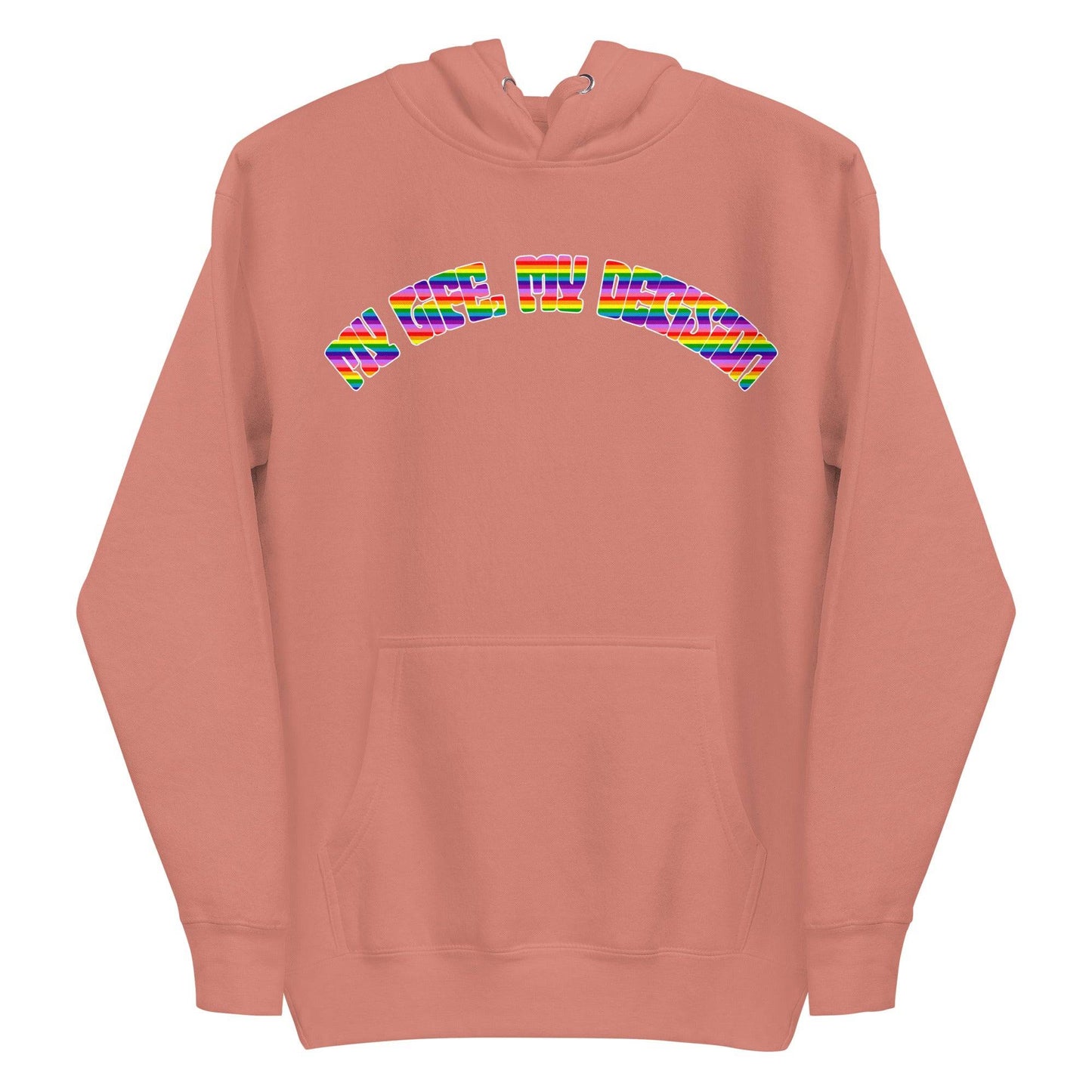 The My Life, My Decision Hoodie by Pridelity is a maroon pride hoodie showcasing "NEO HUMAN" elegantly arched across the chest in vibrant rainbow letters. It includes a front pocket and drawstrings at the hood.
