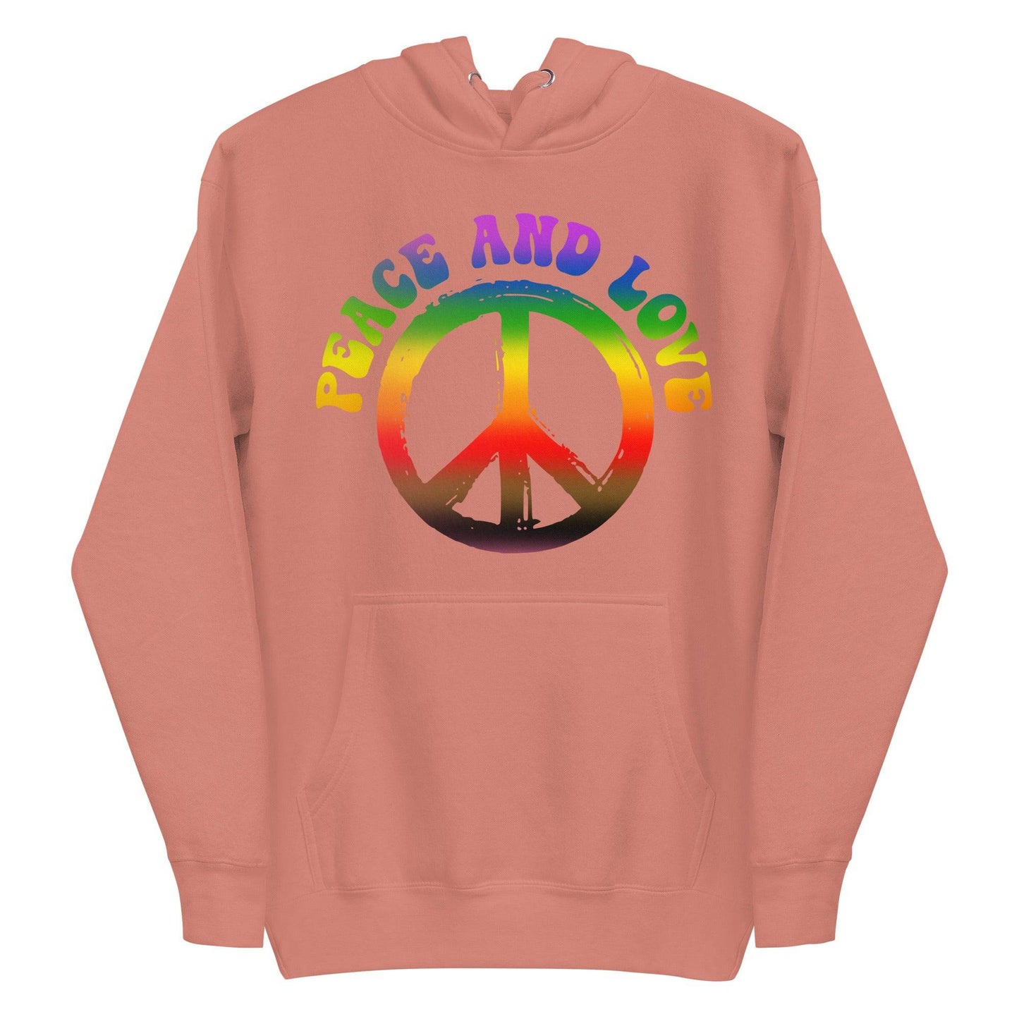 The Peace & Love Hoodie by Pridelity is a white hoodie adorned with a vibrant peace symbol and "Peace and Love" written in rainbow letters, capturing the essence of pride shirts.