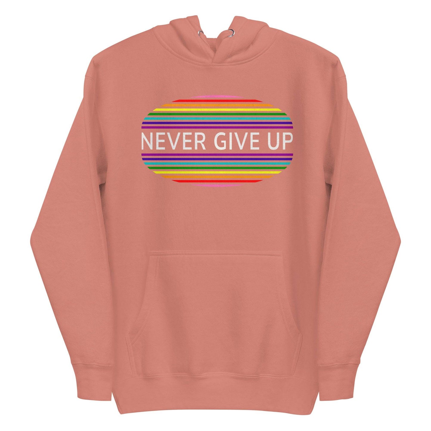 The Never Give Up Hoodie by Pridelity features a black design and showcases the inspiring message "Never Give Up" in white within a vibrant, striped oval on the chest, making it an ideal choice for those who appreciate resilience and take pride in their apparel.