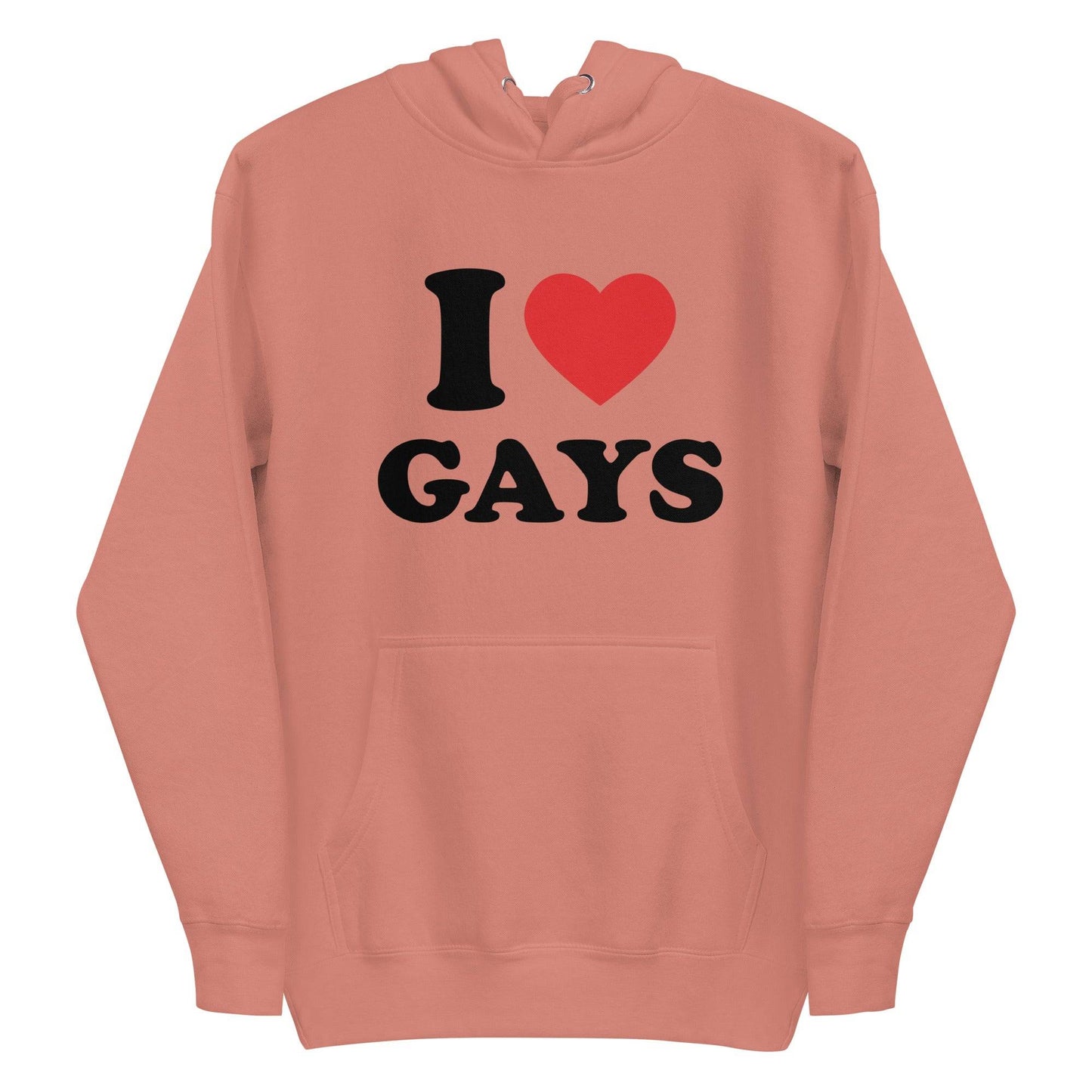 The I Love Gays Hoodie by Pridelity showcases striking black text with "I ♥ GAYS" on the front, substituting a bright red heart for "love." It includes a convenient front pocket and a drawstring hood, offering both style and comfort. This hoodie is available in white.