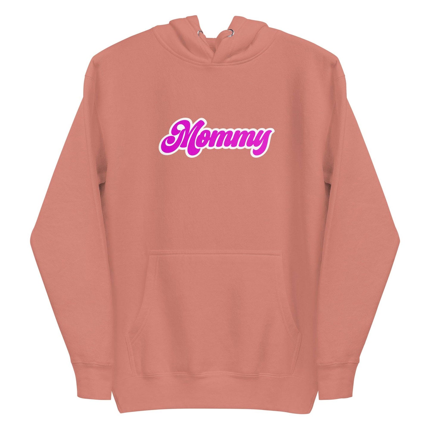 Pridelity's Mommy Hoodie in purple, featuring "Mommy" written in pink cursive across the chest, celebrates pride.
