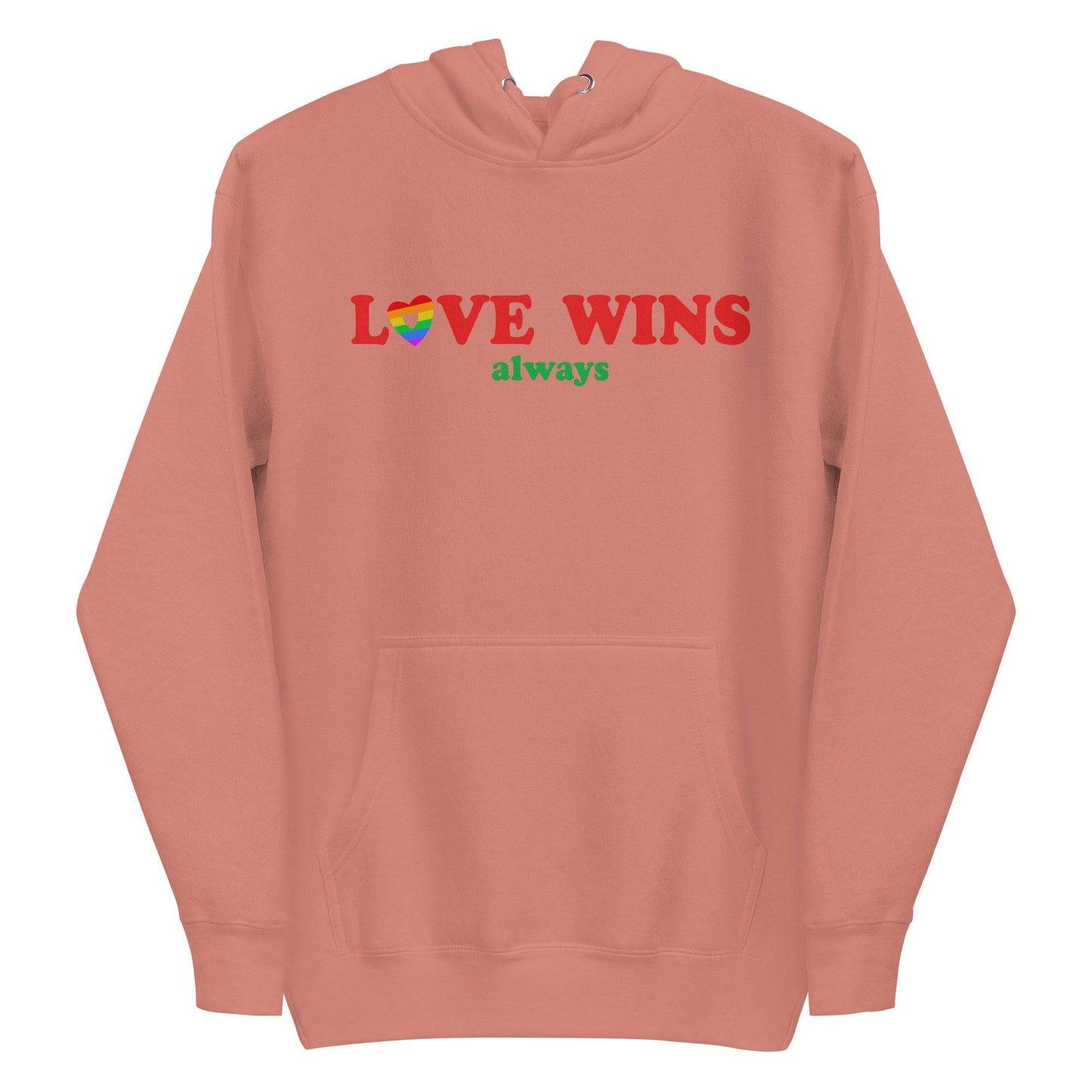 Introducing the Love Wins, Always Hoodie by Pridelity in Team Royal. This cozy garment is perfect for proudly expressing yourself, featuring the phrase "LOVE WINS always" with charming rainbow-colored "O" and "S." Complete with a front pocket and adjustable drawstrings, it offers both comfort and style.