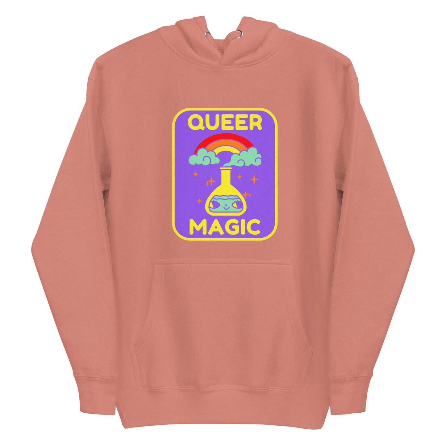 Introducing the "Queer Magic Hoodie" by Pridelity, a stylish piece from our pride collection. This purple hoodie features a vibrant design of a potion bottle with a smiling face, set amidst clouds and a rainbow. The phrase "Queer Magic" is elegantly printed above and below the illustration, celebrating LGBTQ+ spirit with flair.