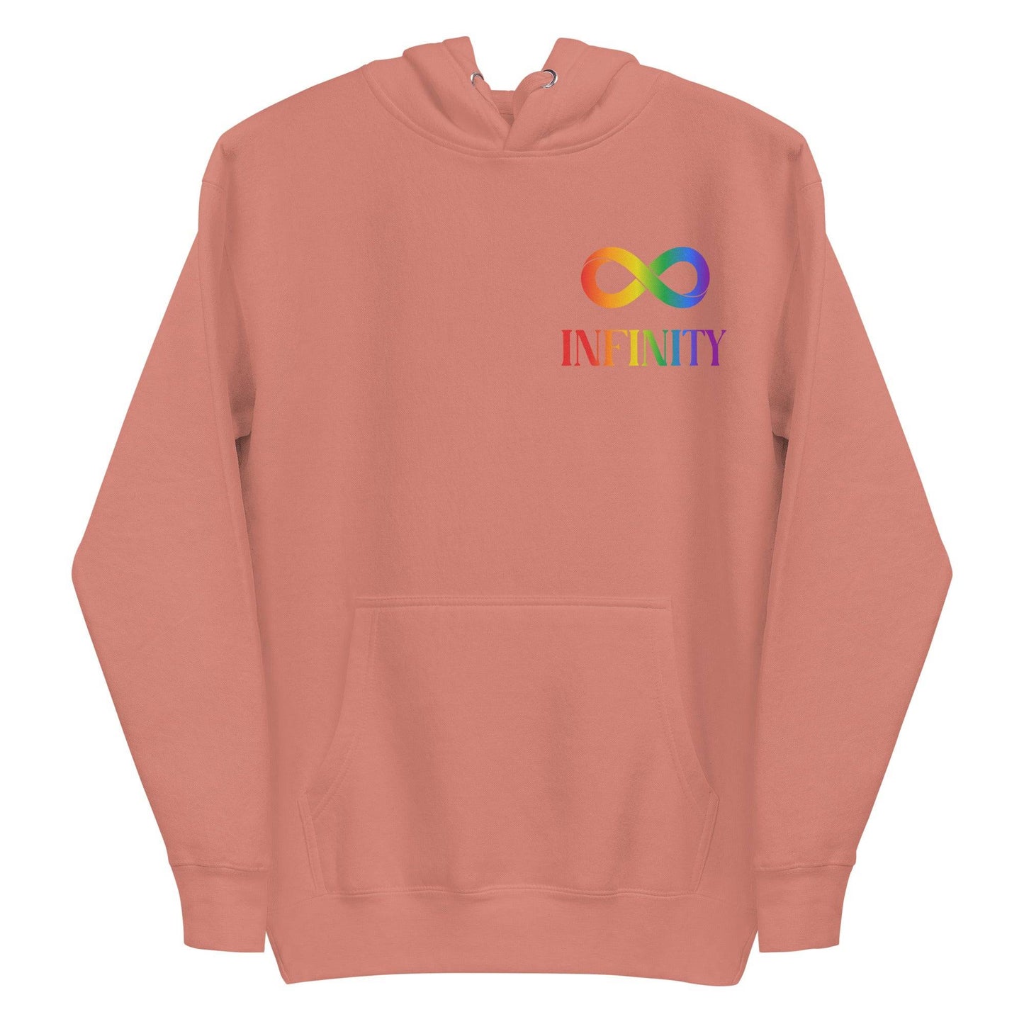 Introducing the Infinity Hoodie by Pridelity, a black hoodie adorned with a vibrant gradient rainbow infinity symbol and the word "INFINITY" on the chest. This design celebrates pride by allowing you to express your true colors and embrace diversity, making it a standout choice among pride shirts.