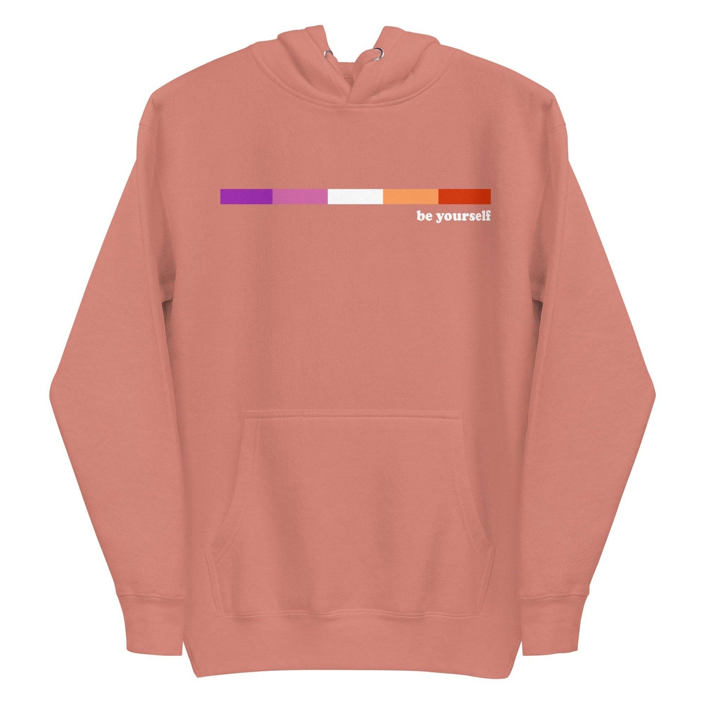 Introducing the Pridelity Lesbian Hoodie: a maroon hoodie with a front pocket, featuring a stunning pride-inspired horizontal gradient from purple to orange. "Be yourself" is elegantly displayed in white text on the right side, making it an ideal choice for individuals who celebrate diversity and embrace their unique individuality every day.