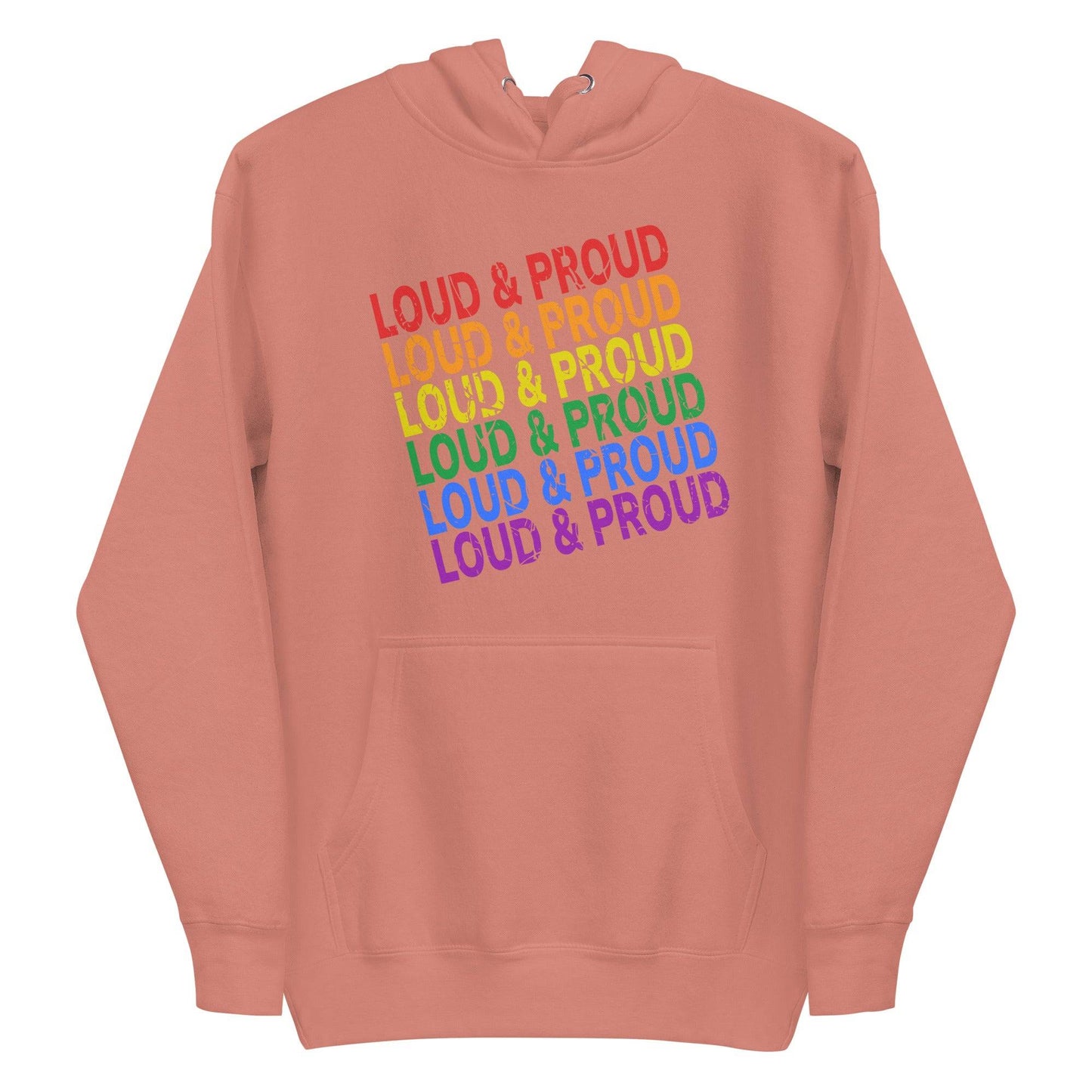 Introducing the Loud & Proud Hoodie by Pridelity: A black hoodie featuring the phrase "LOUD & PROUD" repeated in bold, eye-catching gradient letters. Ideal for those who love pride-themed apparel and wish to showcase their vibrant spirit with flair.