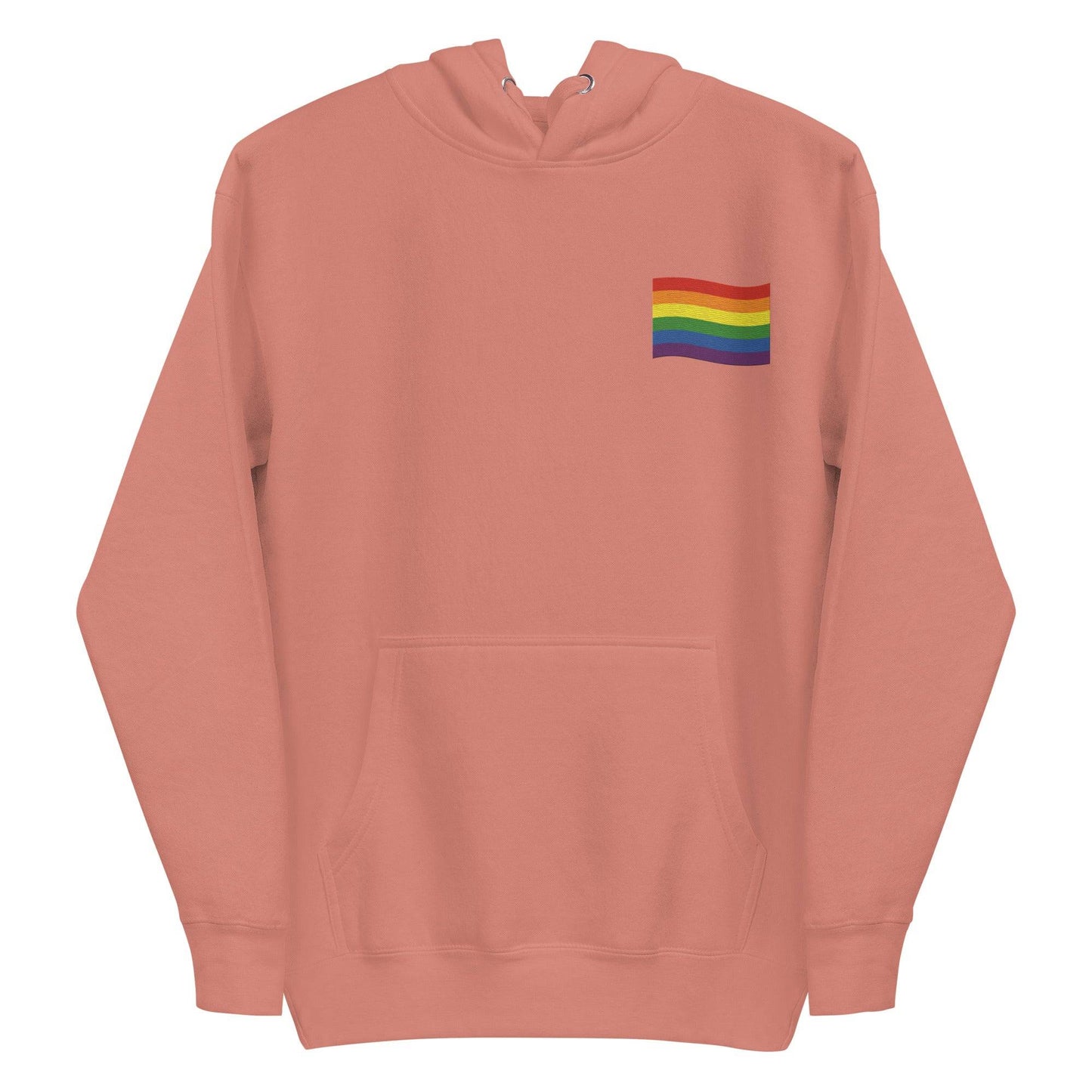 The Pride Flag Hoodie by Pridelity is a stylish white hoodie featuring a small rainbow flag design on the chest, ideal for pairing with pride shirts. It includes a front pocket and drawstring hood, showcasing vibrant horizontal stripes of red, orange, yellow, green, blue, and purple on the rainbow flag.