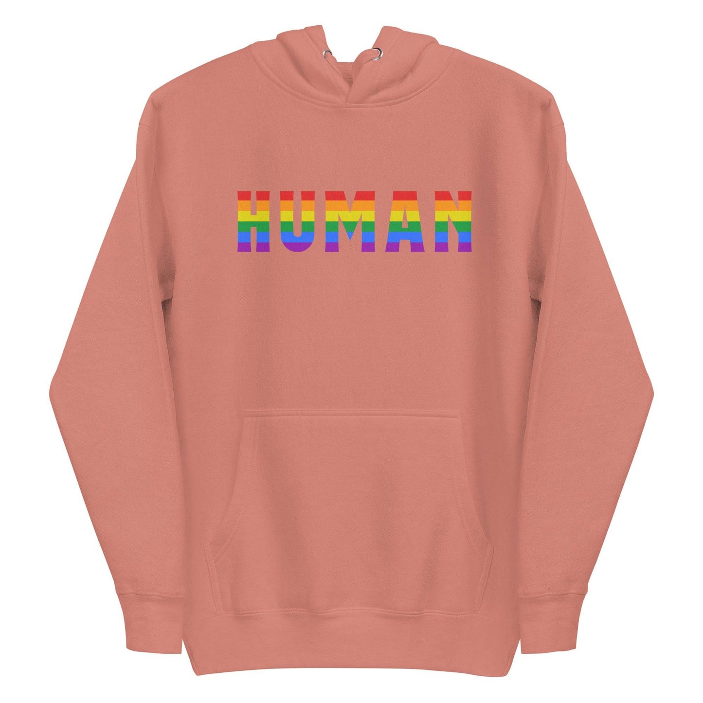 A folded Human Hoodie by Pridelity, featuring the word "HUMAN" prominently displayed in bold, rainbow-colored letters on the front. The black pride hoodie has its hood up, with untied drawstrings resting on the fabric.
