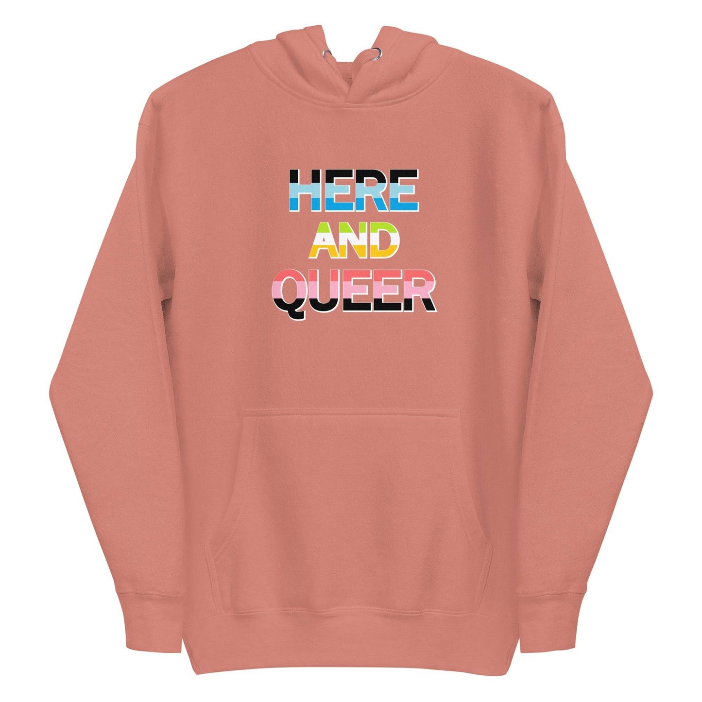 Team Royal "Here And Queer" hoodie by Pridelity, featuring rainbow gradient text on the front.
