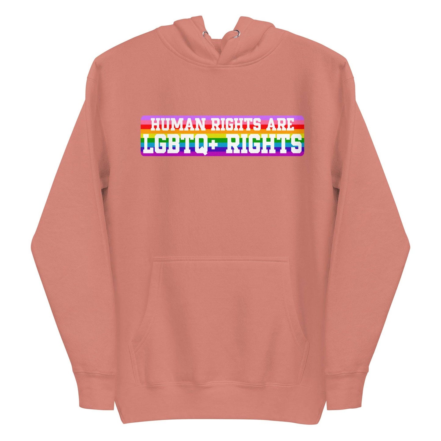 Introducing the Pridelity LGBTQ+ Rights Hoodie, a striking white garment that makes a powerful fashion statement. It features an eye-catching text design with the message "Human Rights Are LGBTQ+ Rights" set against a lively rainbow backdrop, capturing the essence of pride apparel with its inspiring message.