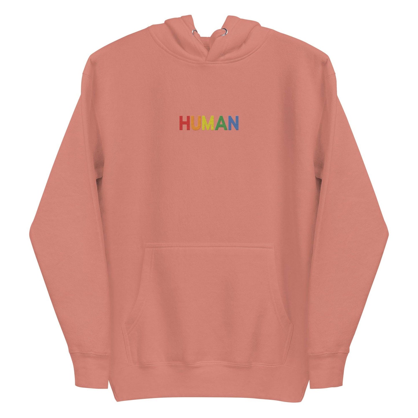 A folded Pridelity Human Hoodie, showcasing a crisp white design with "HUMAN" embroidered in vibrant rainbow colors on the front. The hood is laid flat, with its drawstrings visible, celebrating individuality and self-expression.