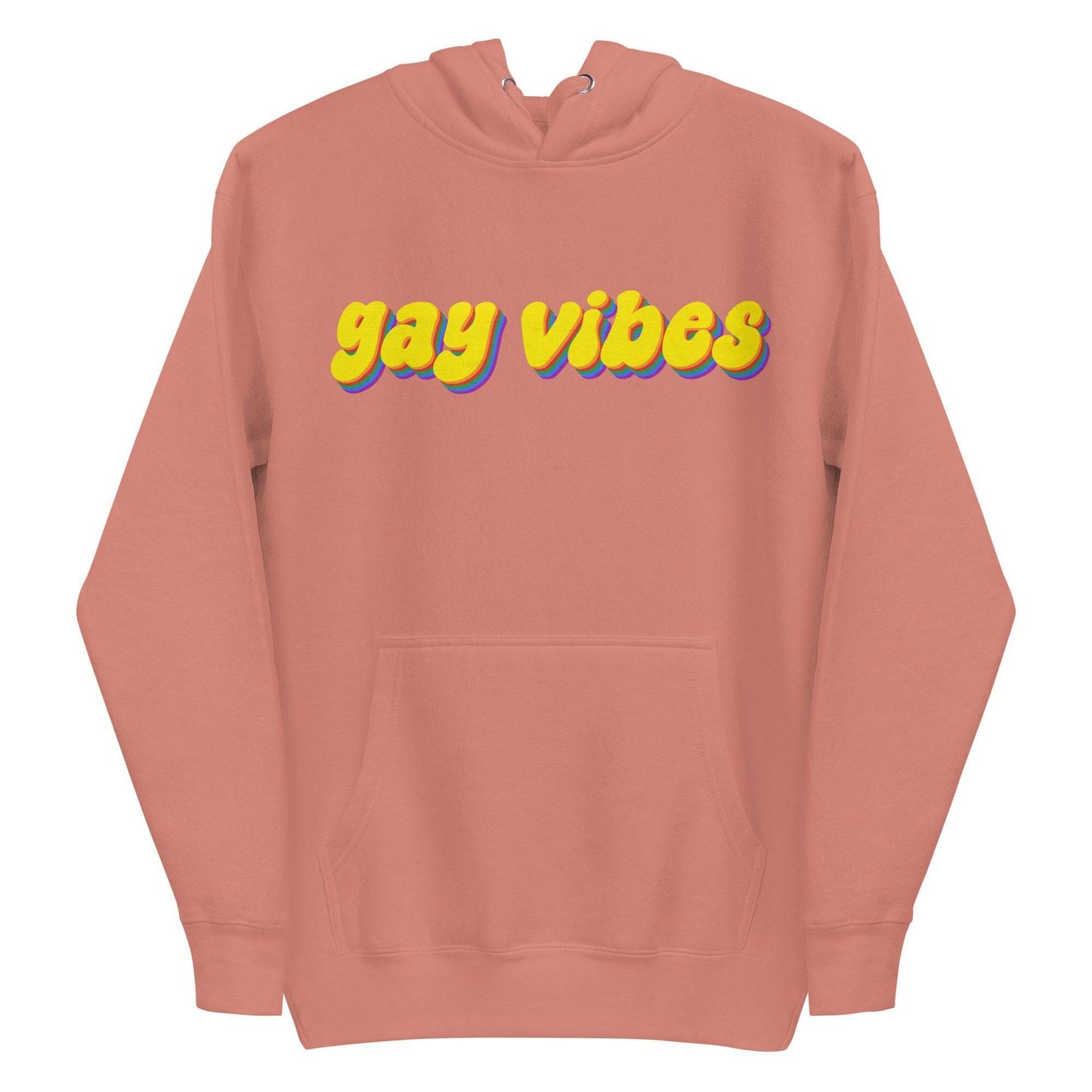 A Carbon Grey Gay Vibes Hoodie by Pridelity features the phrase "gay vibes" displayed in bold, colorful 3D-style yellow and purple text across the chest.