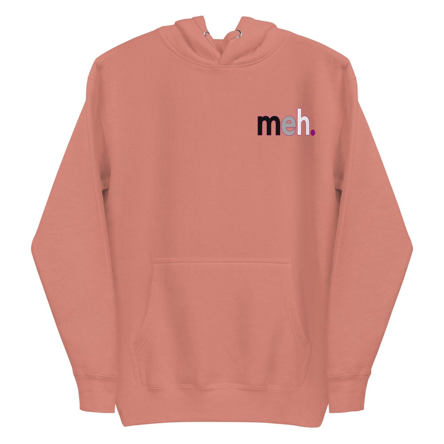 Introducing the Meh. Hoodie by Pridelity, featuring bold black and purple "meh." text on the upper left chest, reminiscent of pride shirts. This stylish white hoodie comes with a front pocket and an adjustable drawstring hood for added comfort and style.