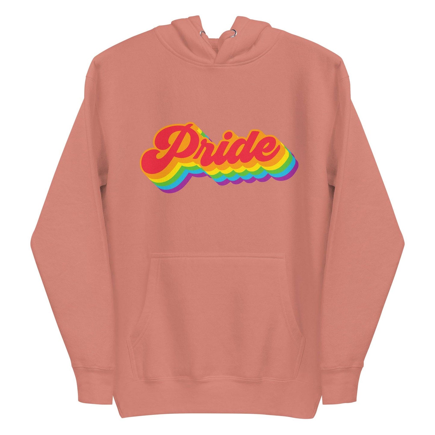 Presenting the Pride Hoodie from Pridelity, this standout piece features "Pride" in bold, colorful 3D-style letters with a striking rainbow gradient effect on its white fabric, proudly showcasing its vibrant design front and center.