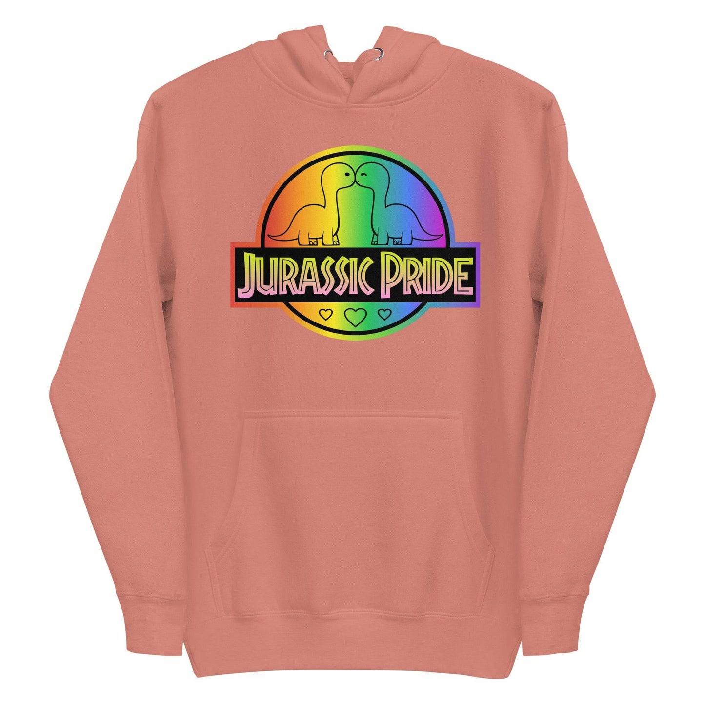 The Jurassic Pride Hoodie by Pridelity showcases a vibrant design featuring two cartoon dinosaurs facing each other inside a rainbow circle. The bold "Jurassic Pride" text beneath them, along with heart motifs, ensures it stands out among pride shirts.