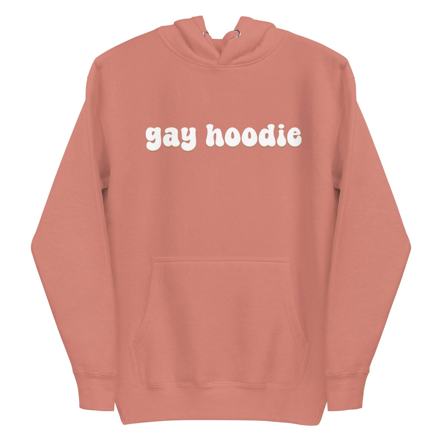 Introducing the Gay Hoodie by Pridelity: A black pride hoodie featuring cream-colored text with the phrase "gay hoodie" on the front. Designed for comfort and style, it includes a front pocket and drawstrings.