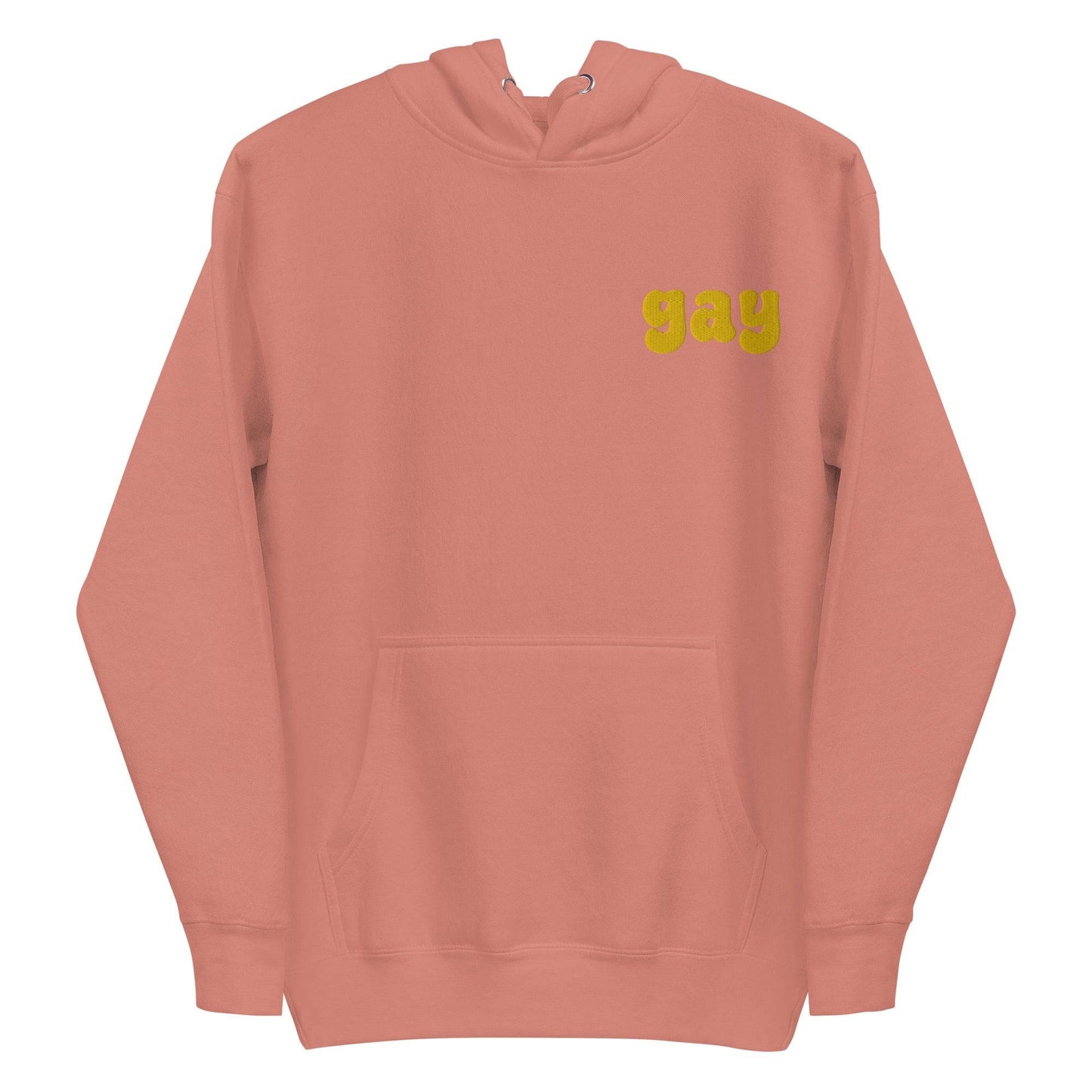 The Pridelity Gay Hoodie, featuring "gay" emblazoned in vibrant yellow text on the front, celebrates love and identity in a bold Team Royal color.