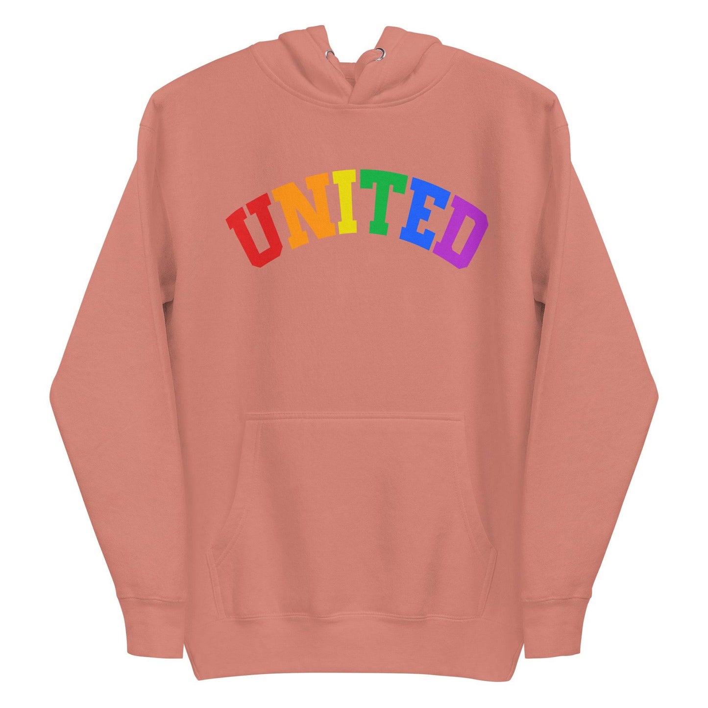 The United Hoodie by Pridelity, part of the Pride Collection, features "UNITED" in vibrant rainbow colors on the front to represent LGBTQ+ unity and diversity. It's expertly folded with the hood arranged on top.