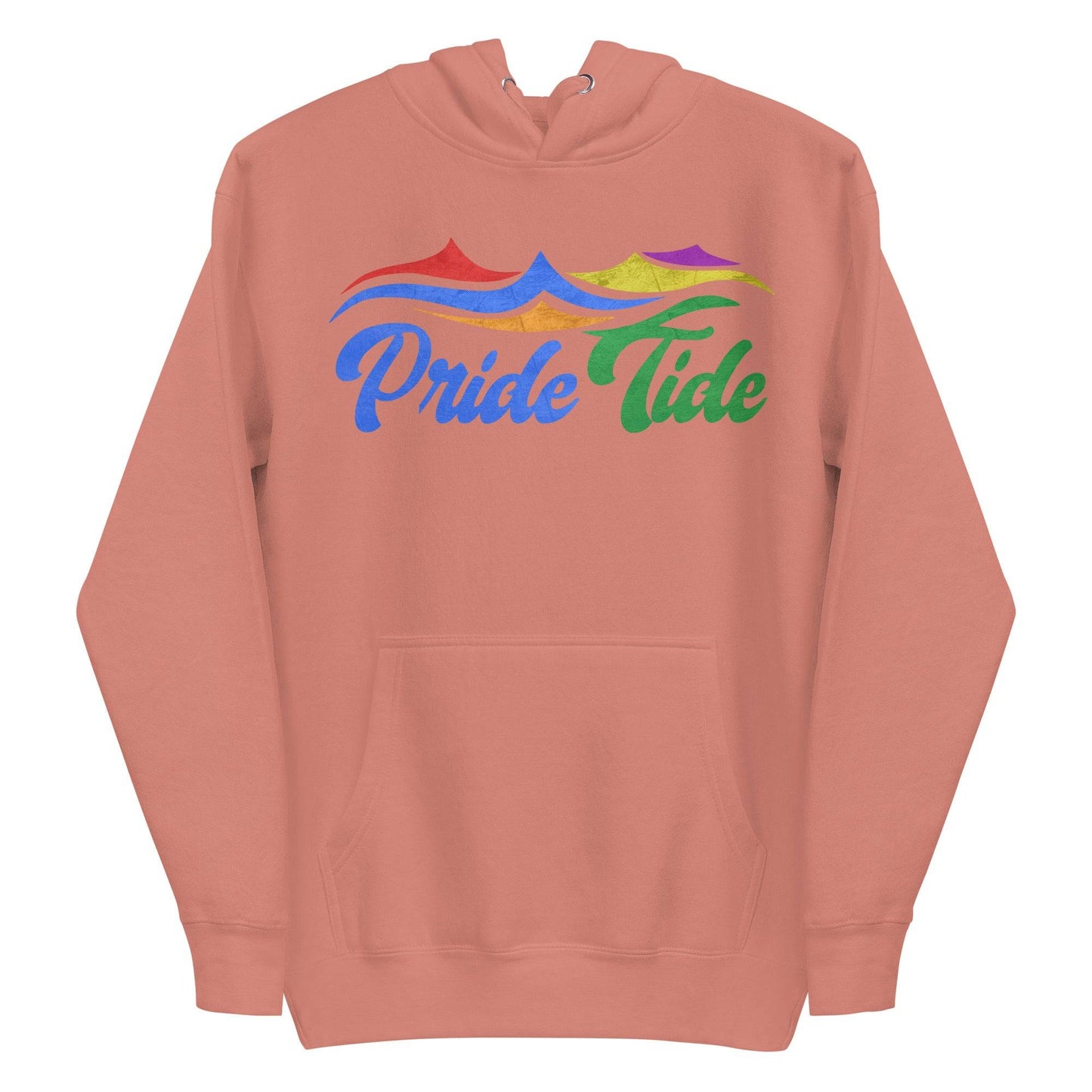 Experience the vibrant Pride Tide Hoodie by Pridelity, featuring a colorful wave design above "Pride Tide" in gradient rainbow colors on a sleek black canvas, symbolizing LGBTQ+ pride.