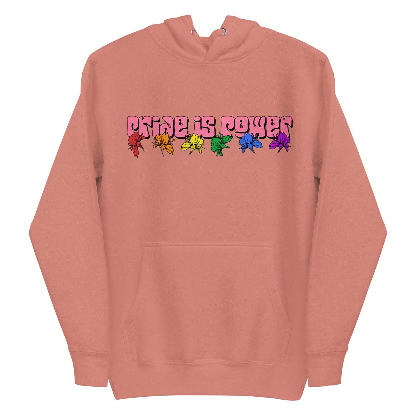 Introducing the "Pride Is Power Hoodie" by Pridelity: This white hoodie showcases the empowering message "Pride is Power" in bold, colorful letters above a vibrant rainbow row of leaves. It is a proud representation of diversity and inclusivity, perfectly complementing our pride shirts collection that celebrates unity.