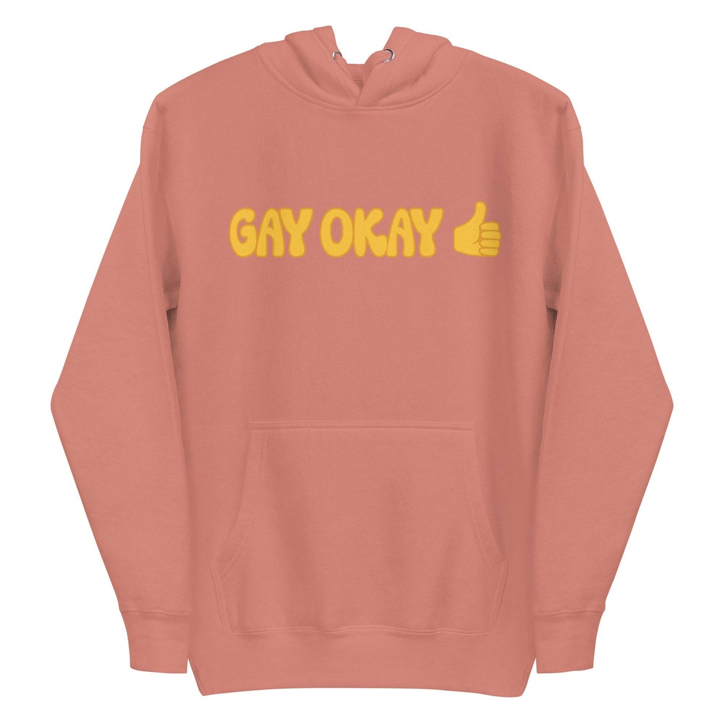 Introducing the Gay Okay Hoodie by Pridelity, a white pride hoodie showcasing "GAY OKAY" in bold yellow bubble letters on the front. It features a delightful yellow thumbs-up emoji and is designed with a cozy front pocket and adjustable drawstrings, making it perfect for celebrating identity and style.