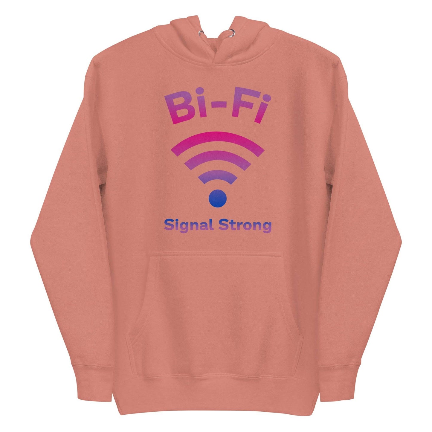 Introducing the Bi-Fi Hoodie by Pridelity, a stylish white hoodie from the Pride Collection. It features "Bi-Fi Signal Strong" in vibrant pink and purple text with a Wi-Fi symbol design—perfect Pride merch to showcase your connection and style.