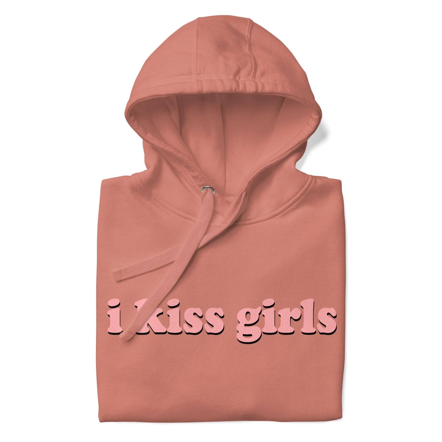 The "I Kiss Girls" Hoodie by Pridelity is a pride celebration in dusty rose, featuring bold, light pink lettering on the front, along with a convenient front pocket and drawstring hood.