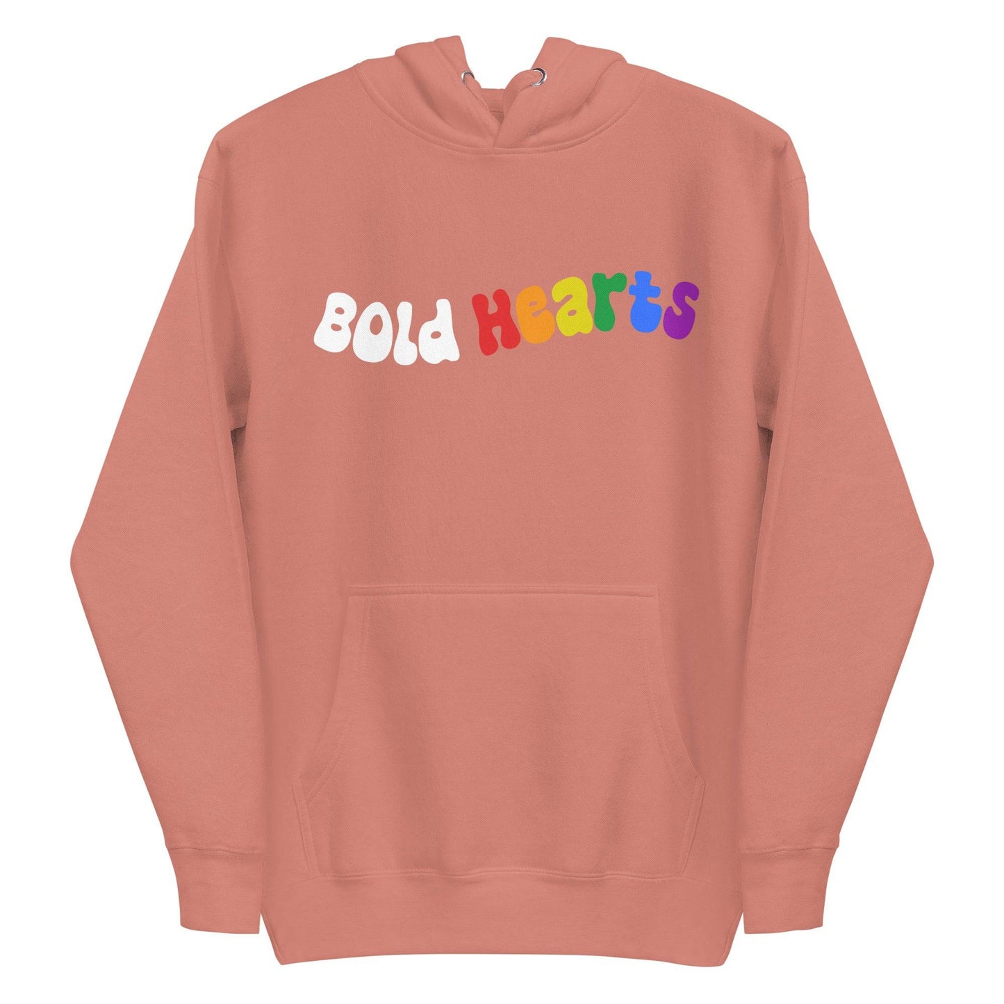 The Bold Hearts Hoodie from Pridelity is a black garment showcasing the words "Bold Hearts" on the front in a playful, wavy font to celebrate Pride. "Bold" stands out in white, while "Hearts" captivates with a vibrant rainbow gradient. This stylish piece of Pride merchandise includes a front pocket and drawstring hood for extra comfort.