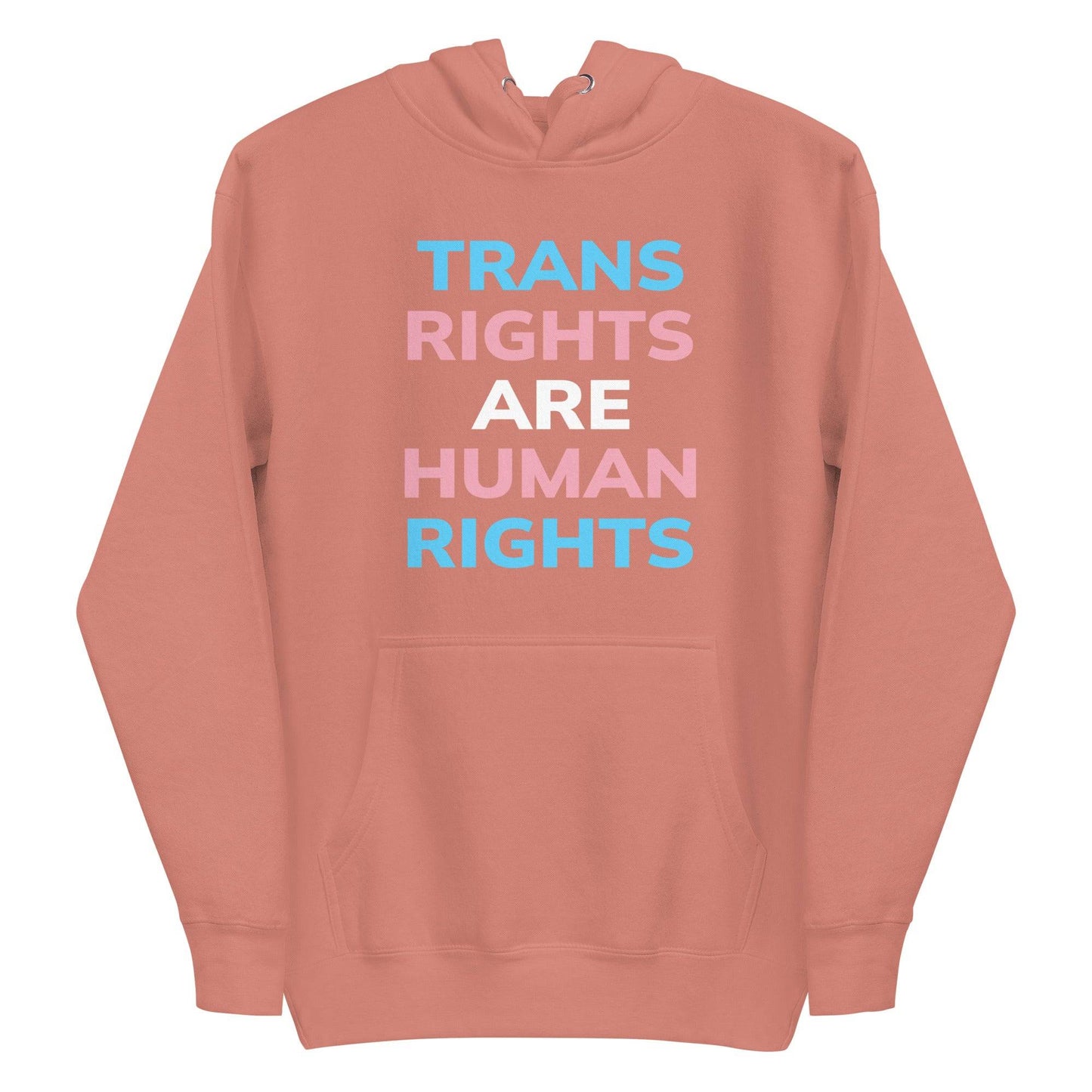 Introducing the Trans Rights Hoodie from Pridelity's pride collection—this navy blazer hoodie prominently showcases the phrase "TRANS RIGHTS ARE HUMAN RIGHTS" in bold, alternating hues of blue, pink, and white, celebrating LGBTQ+ rights.