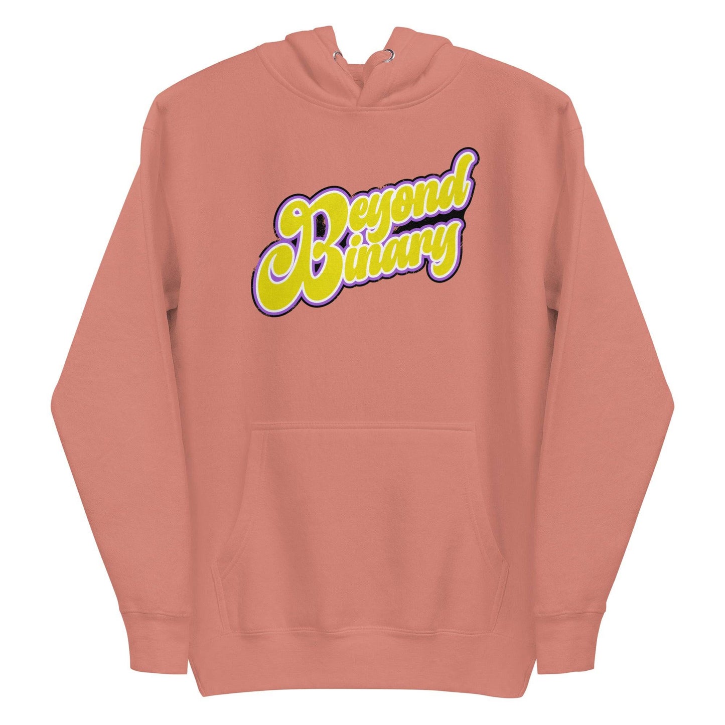 The Pridelity "Beyond Binary" Hoodie features a front pocket and displays the phrase in striking yellow and purple script, making it an ideal choice for those embracing Pride Collections.