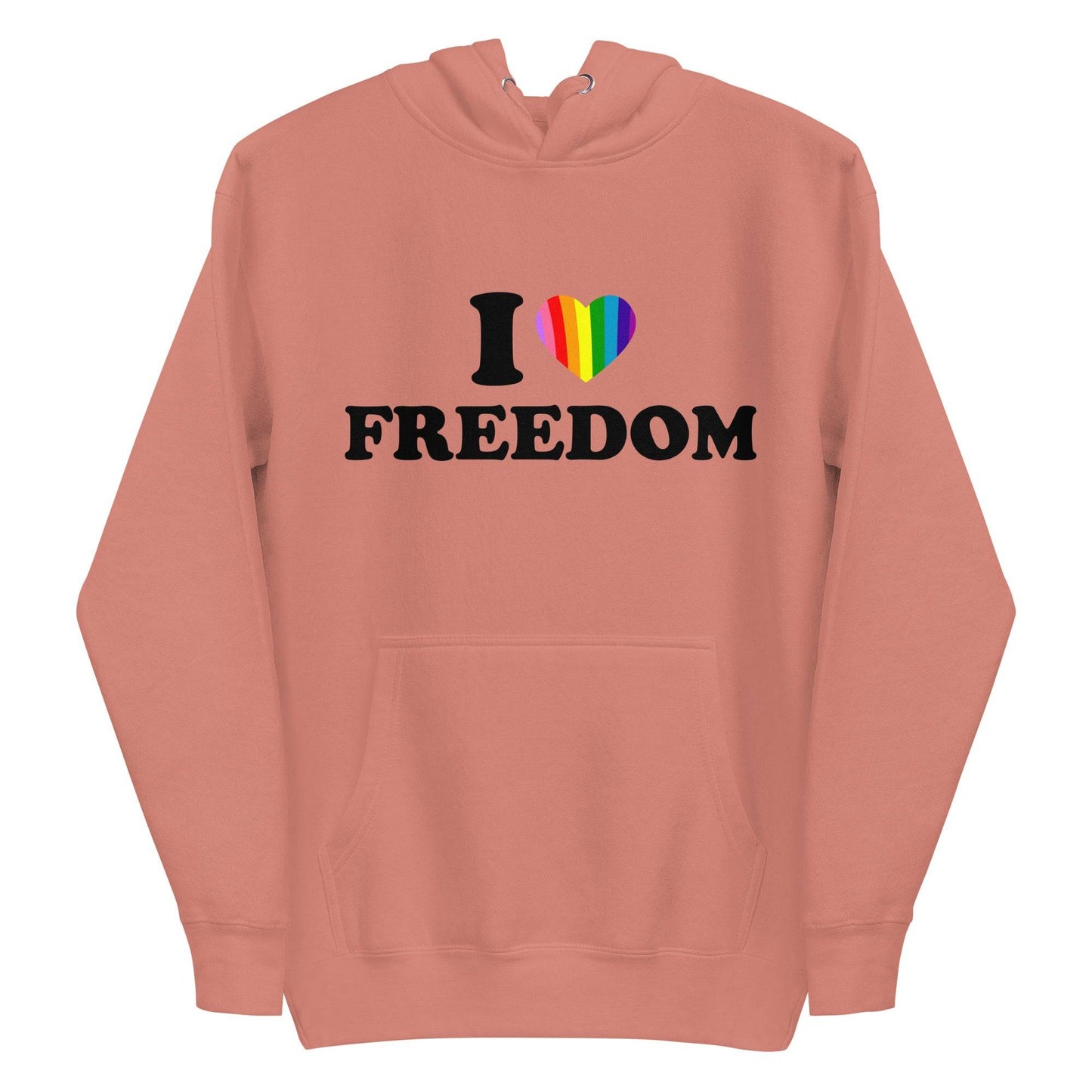 A neatly folded white "I Love Freedom Hoodie" by Pridelity showcases the phrase "I ♥ FREEDOM" accompanied by a rainbow heart, symbolizing diversity and inclusivity. The hoodie is arranged with drawstrings and the hood prominently displayed on top.