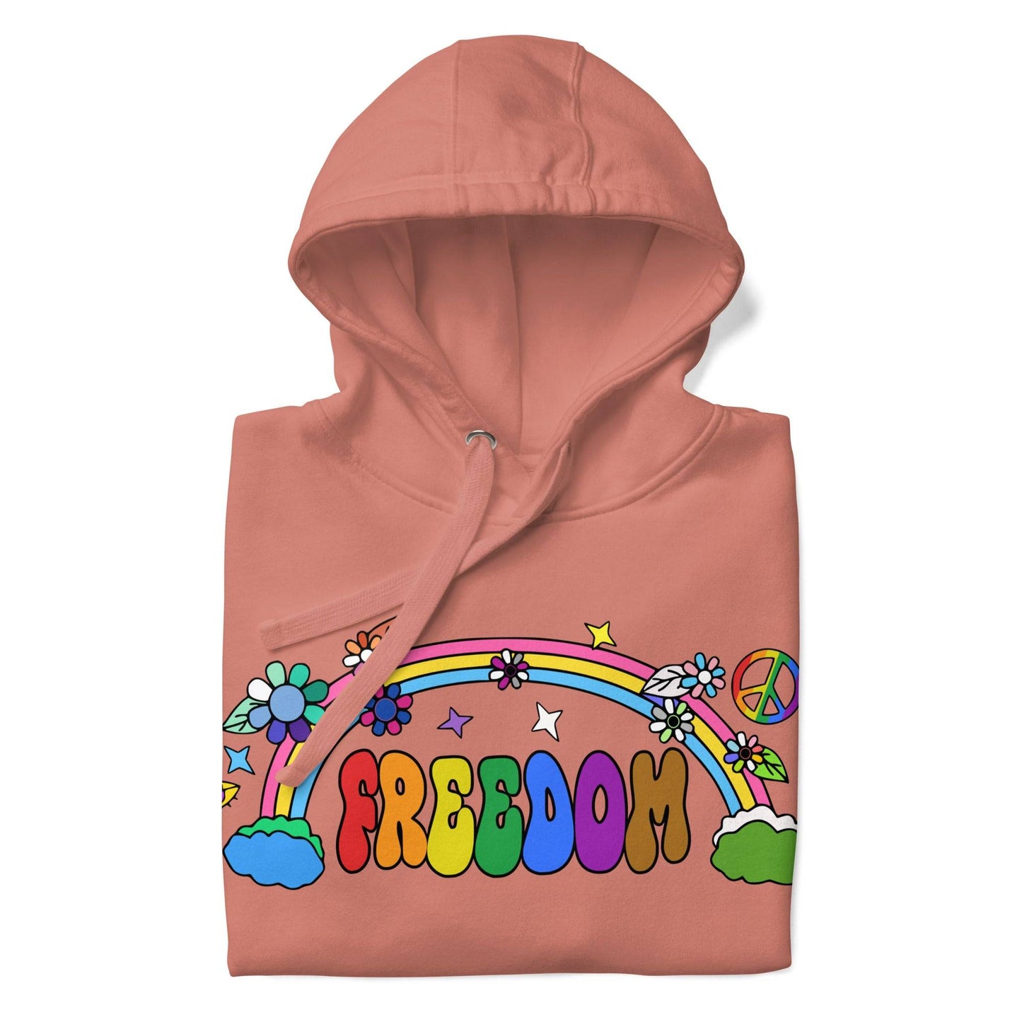 A folded dusty rose Freedom Hoodie from Pridelity features a vibrant design with "Freedom" in rainbow letters. It's adorned with flowers, stars, a rainbow, and a peace symbol, all in a playful retro style.