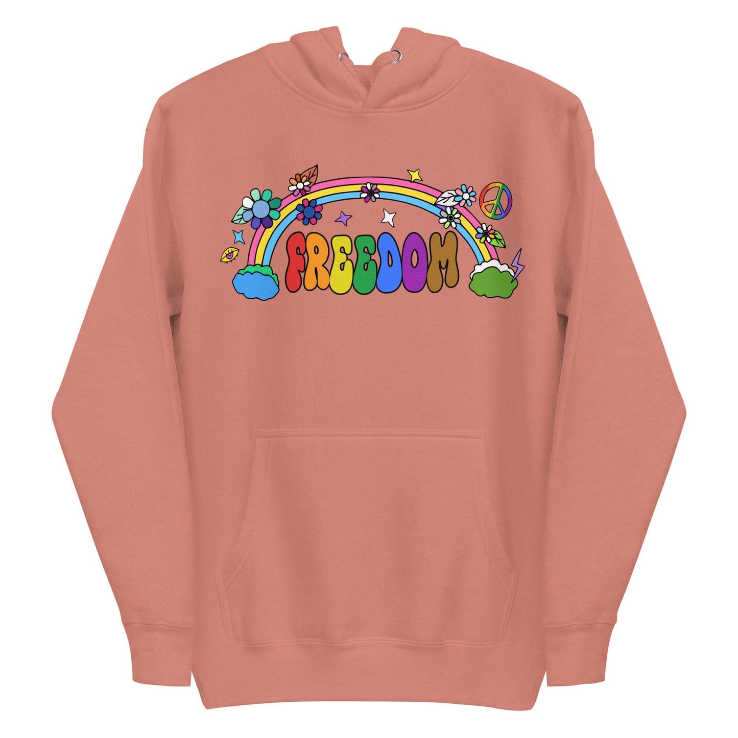 A folded dusty rose Freedom Hoodie from Pridelity features a vibrant design with "Freedom" in rainbow letters. It's adorned with flowers, stars, a rainbow, and a peace symbol, all in a playful retro style.