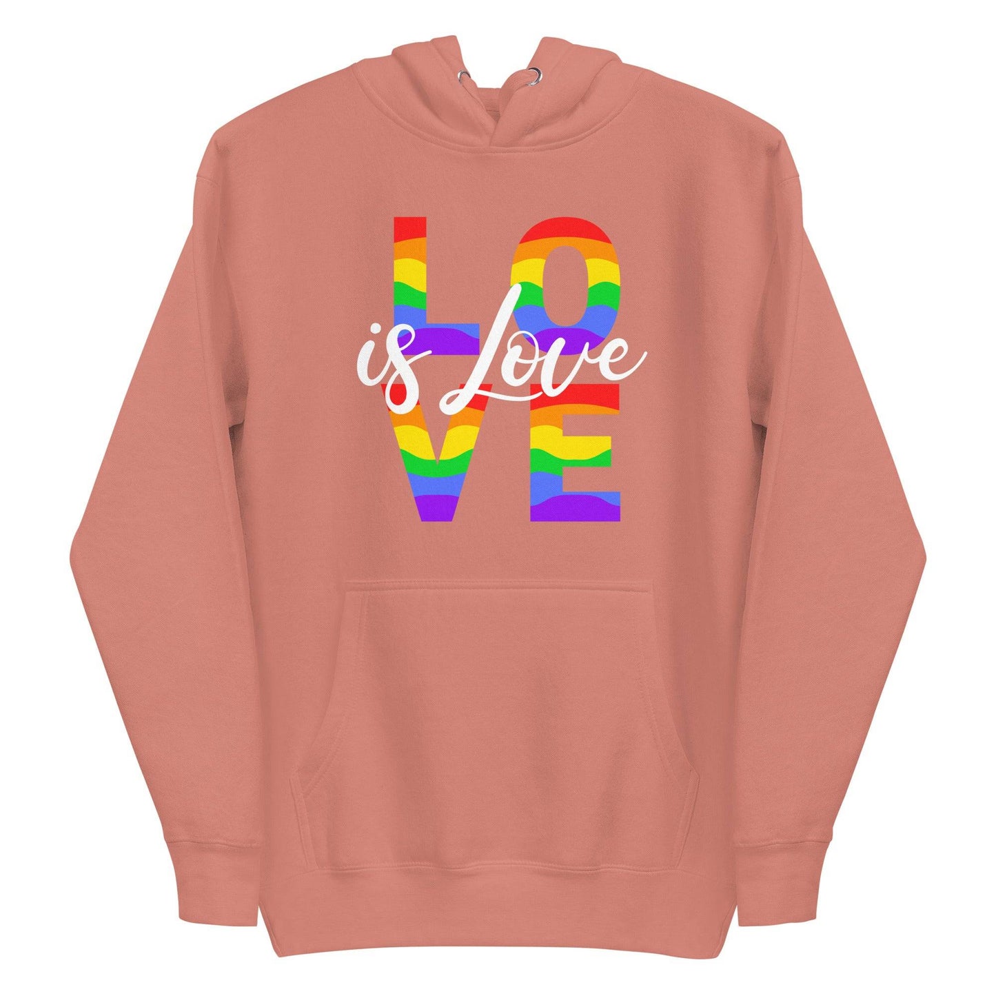 Pridelity introduces the Love Hoodie, a stylish black garment that celebrates pride. It showcases "LOVE is Love" on the front, with "LOVE" adorned in a vibrant rainbow pattern and "is Love" elegantly scripted in white cursive. Designed for both comfort and style, this pride hoodie includes a kangaroo pocket and drawstrings.