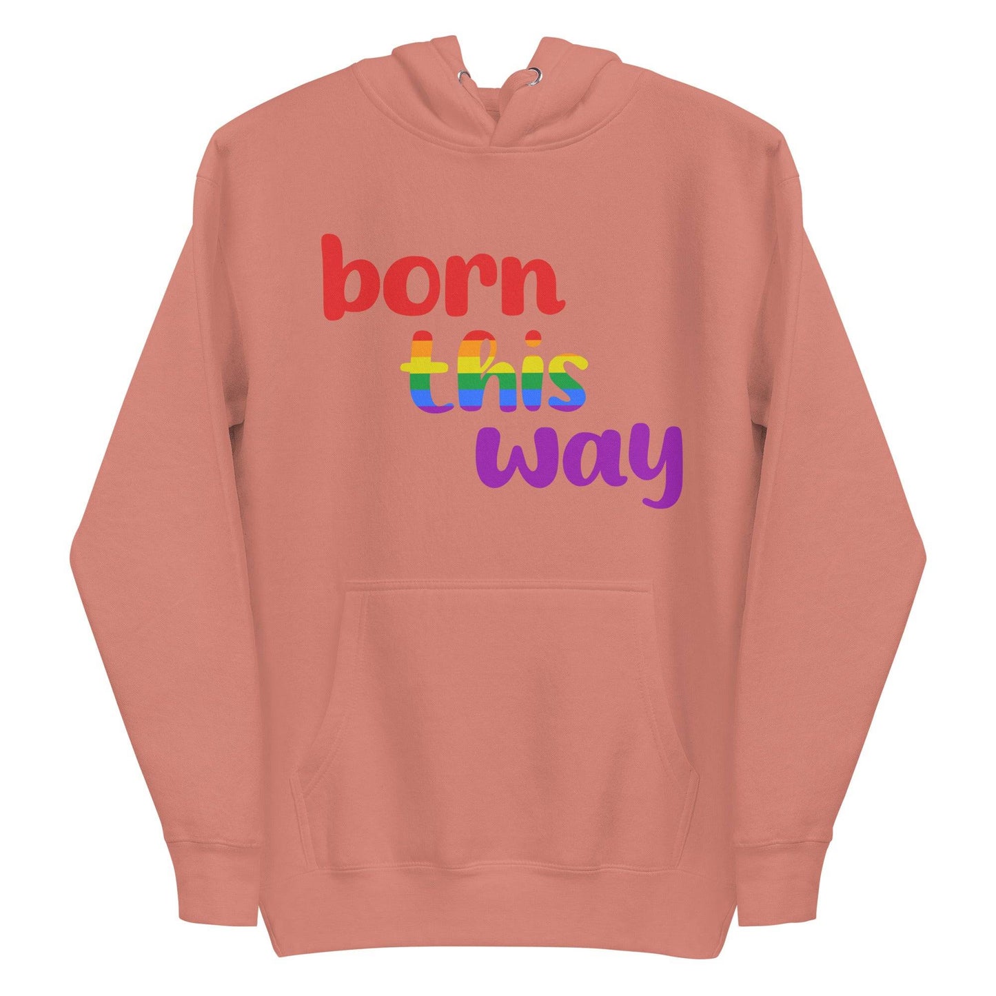 The Born This Way Hoodie by Pridelity is a standout piece in our Pride Merch. It features bold lettering on the front, with "born" in striking red, "this" showcasing a vibrant rainbow gradient, and "way" in deep purple against its black fabric. This hoodie is perfect for expressing your individuality while supporting Pride Collections.