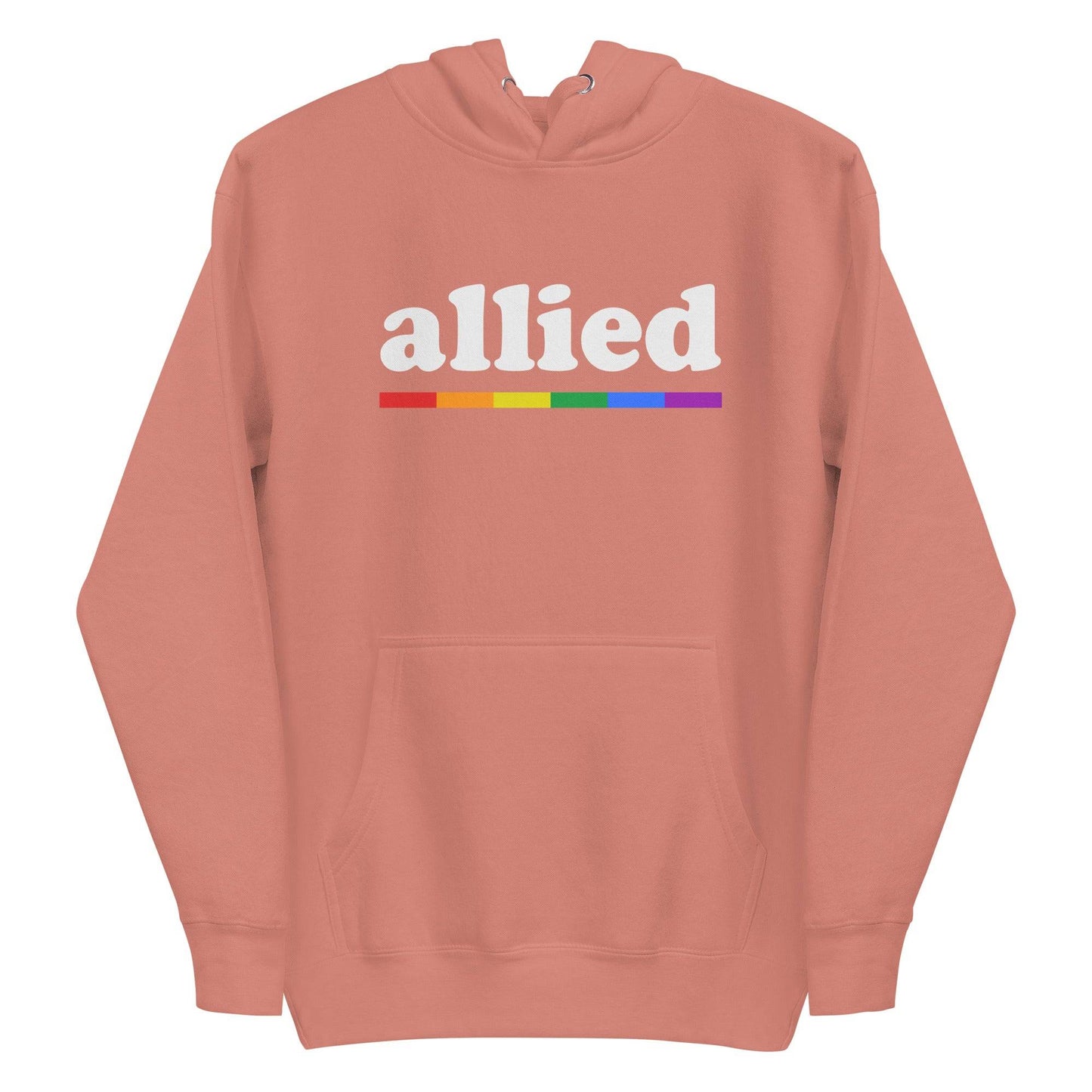 Introducing the Allied Hoodie by Pridelity: a black hoodie that showcases the word "allied" in white text above a striking rainbow stripe, making it a standout piece from our Pride Collections.