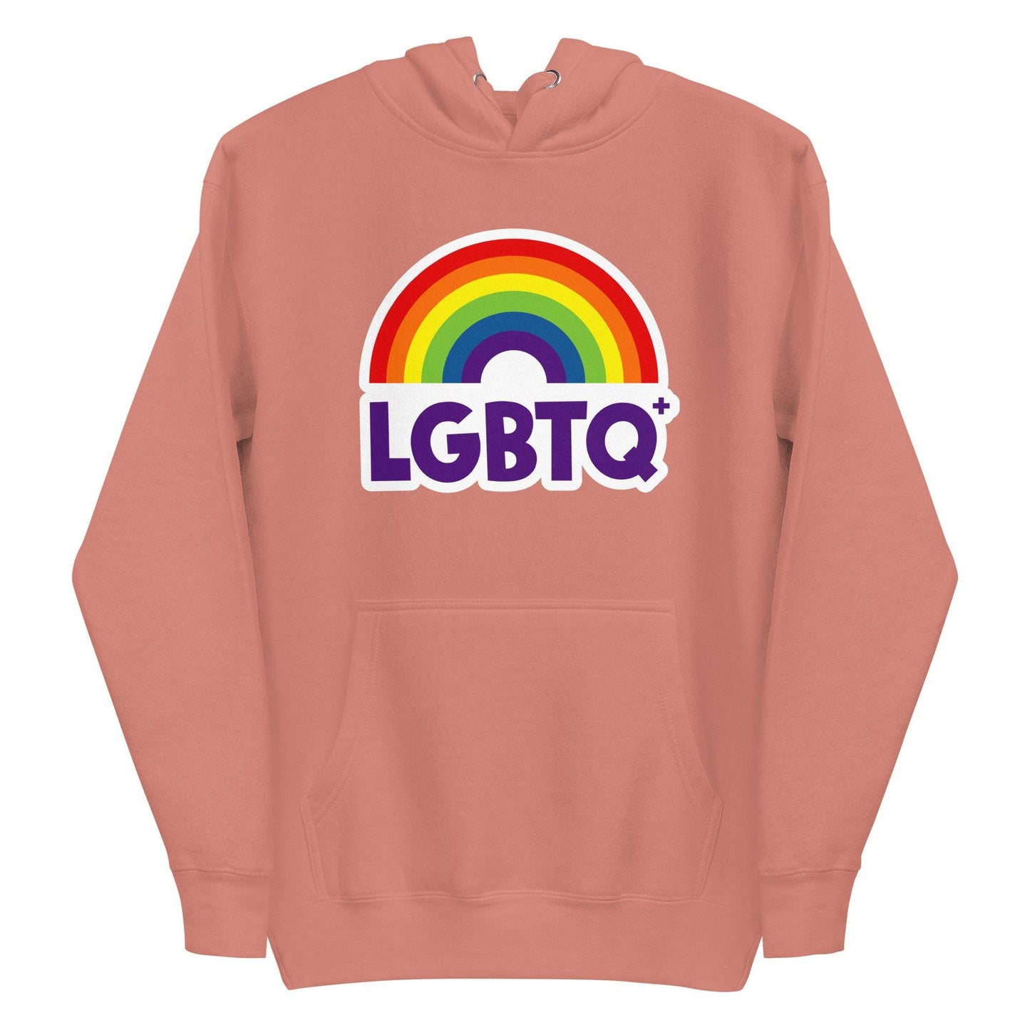 The Pridelity LGBTQ+ Hoodie, with its vibrant purple hue, showcases a rainbow design above the "LGBTQ+" text on the front. Perfect for pride enthusiasts, it includes a spacious front pocket and a hood equipped with drawstrings.