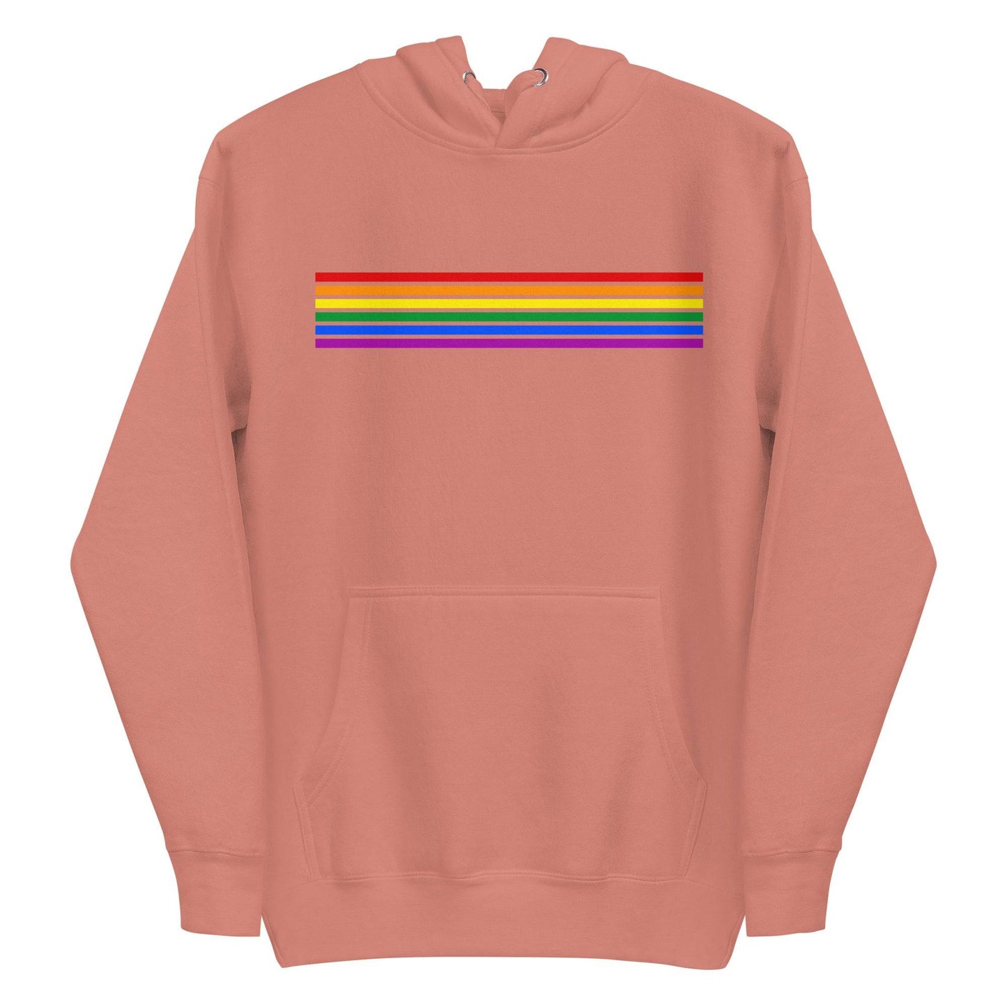 Presenting the Rainbow Stripes Hoodie from Pridelity: This black hoodie boasts a striking horizontal rainbow stripe across the chest, highlighting vibrant hues such as red, orange, yellow, green, blue, and purple. Created to honor the LGBTQ+ community, it also features a front pocket and adjustable drawstrings for comfort and style.