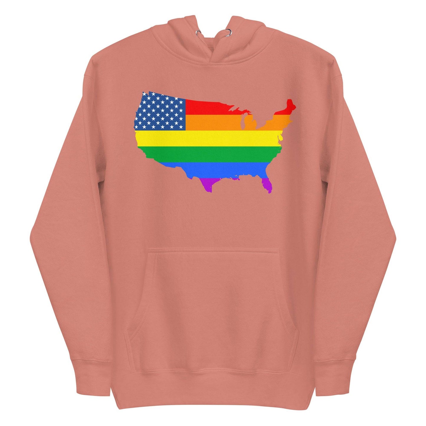 The US Map Pride Hoodie by Pridelity, in a sky blue color, showcases the United States map adorned with an American flag design that transitions into rainbow stripes, representing LGBTQ+ pride.