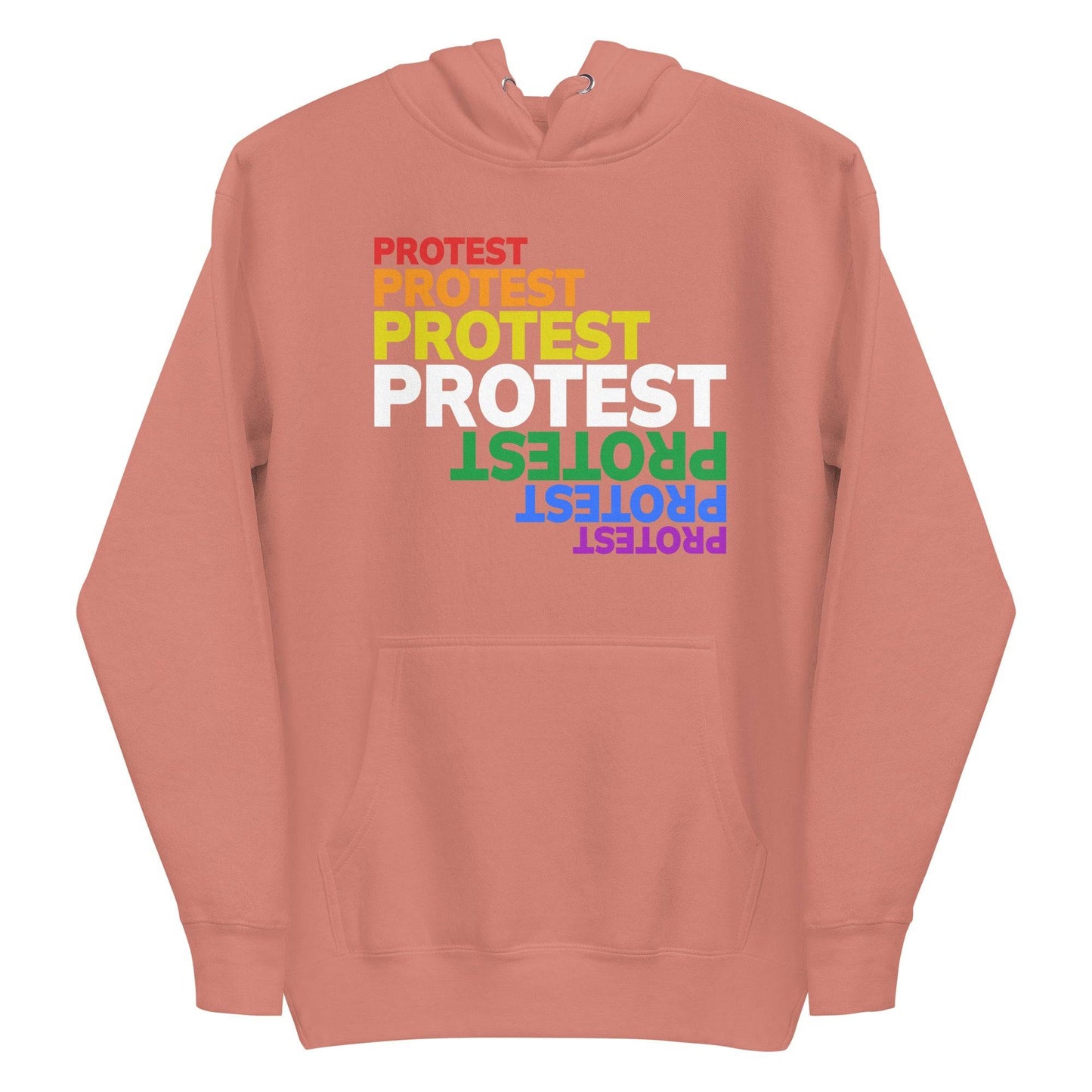 Introducing the Protest Hoodie by Pridelity: a sleek black hoodie featuring the word "PROTEST" printed repeatedly in eye-catching colors such as red, orange, yellow, white, green, and blue. The design showcases each layered and slightly overlapping word to create a striking visual effect inspired by pride shirts.