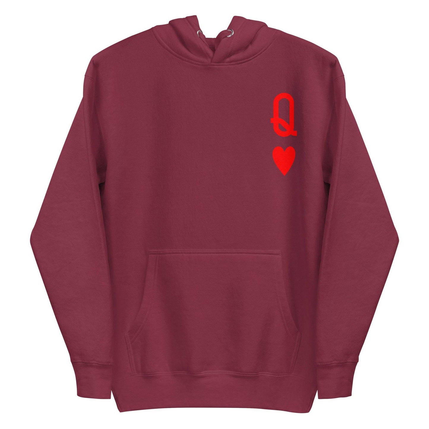 Presenting the Queen of Hearts Hoodie by Pridelity: a white hoodie adorned with a red "Q" topped with a crown-like loop and a red heart below it on the chest, capturing the essence of a playing card. As part of our Pride Collection, this cozy garment celebrates LGBTQ+ identity, complete with a front pocket and drawstring hood.