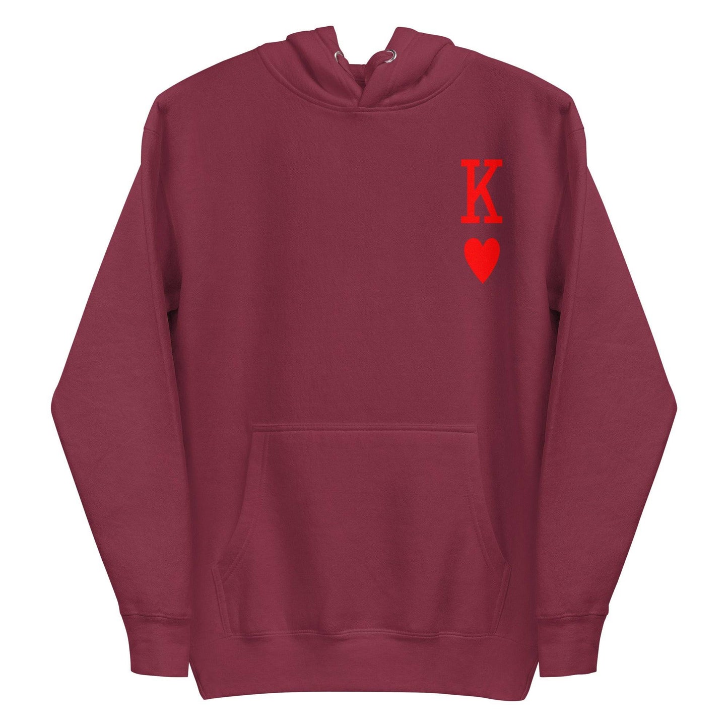 White King of Hearts Hoodie by Pridelity, adorned with a red "K" and heart symbol on the upper left side, reminiscent of a playing card design. Ideal for individuals who appreciate distinctive pride apparel with a timeless touch.