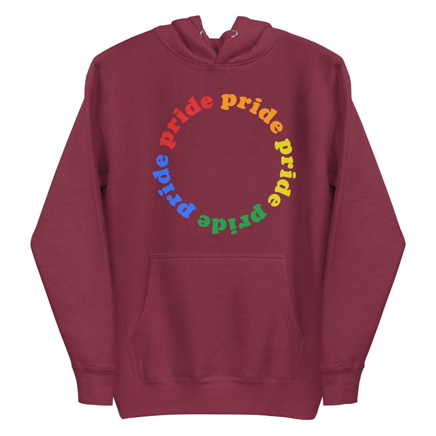 Introducing the Pride Circle Hoodie by Pridelity, a stylish white hoodie that celebrates pride with a captivating circular design featuring the word "pride" in vibrant rainbow-gradient letters. This cozy garment perfectly blends the classic appeal of traditional pride shirts with modern comforts like a front pocket and drawstring hood.