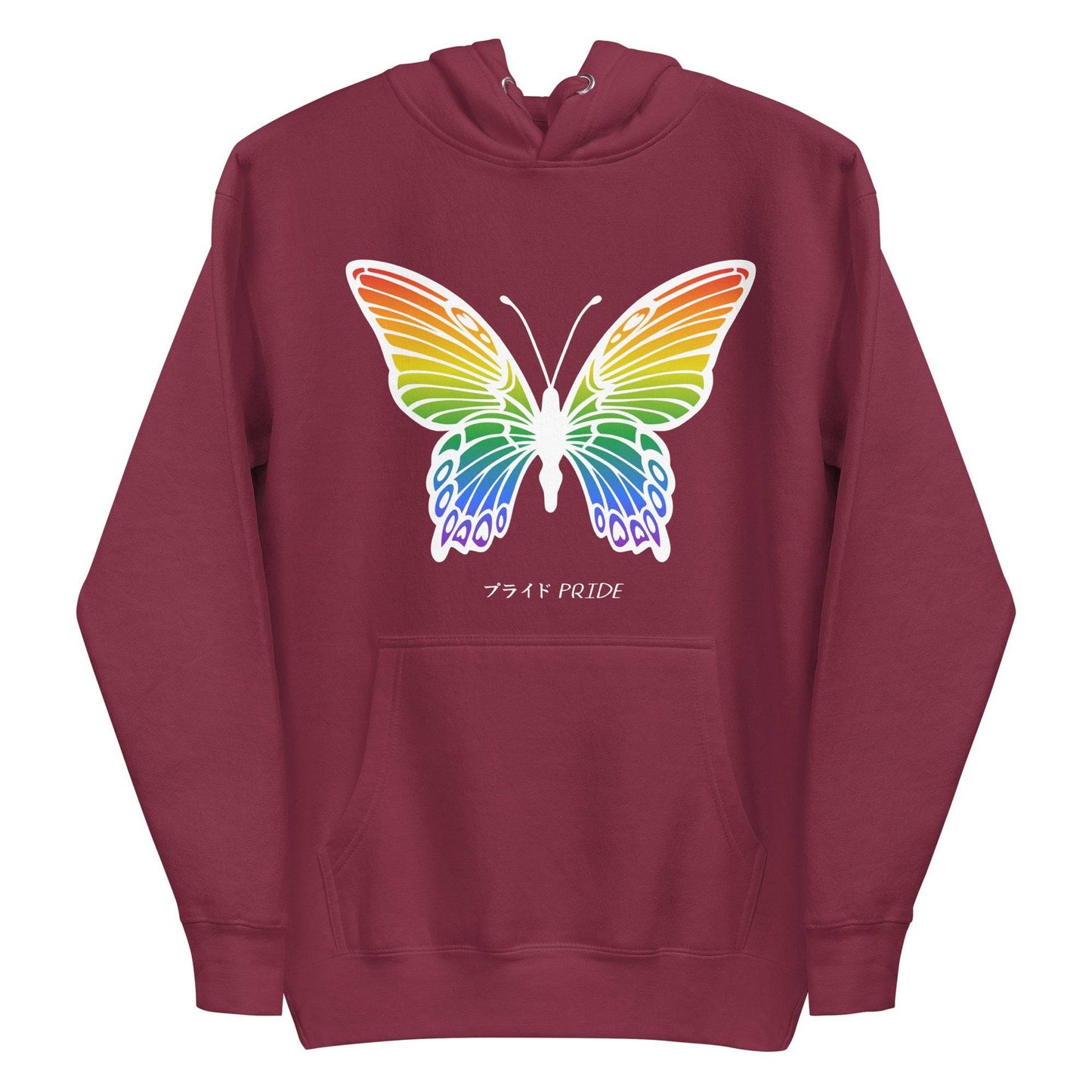 Explore the Butterfly Pride Hoodie from Pridelity, a standout piece from our Pride Collection. This purple hoodie features an impressive butterfly with vibrant rainbow wings. The design is beautifully complemented by the word "PRIDE," artistically presented in both English and Japanese, perfect for celebrating love and diversity with every wear.