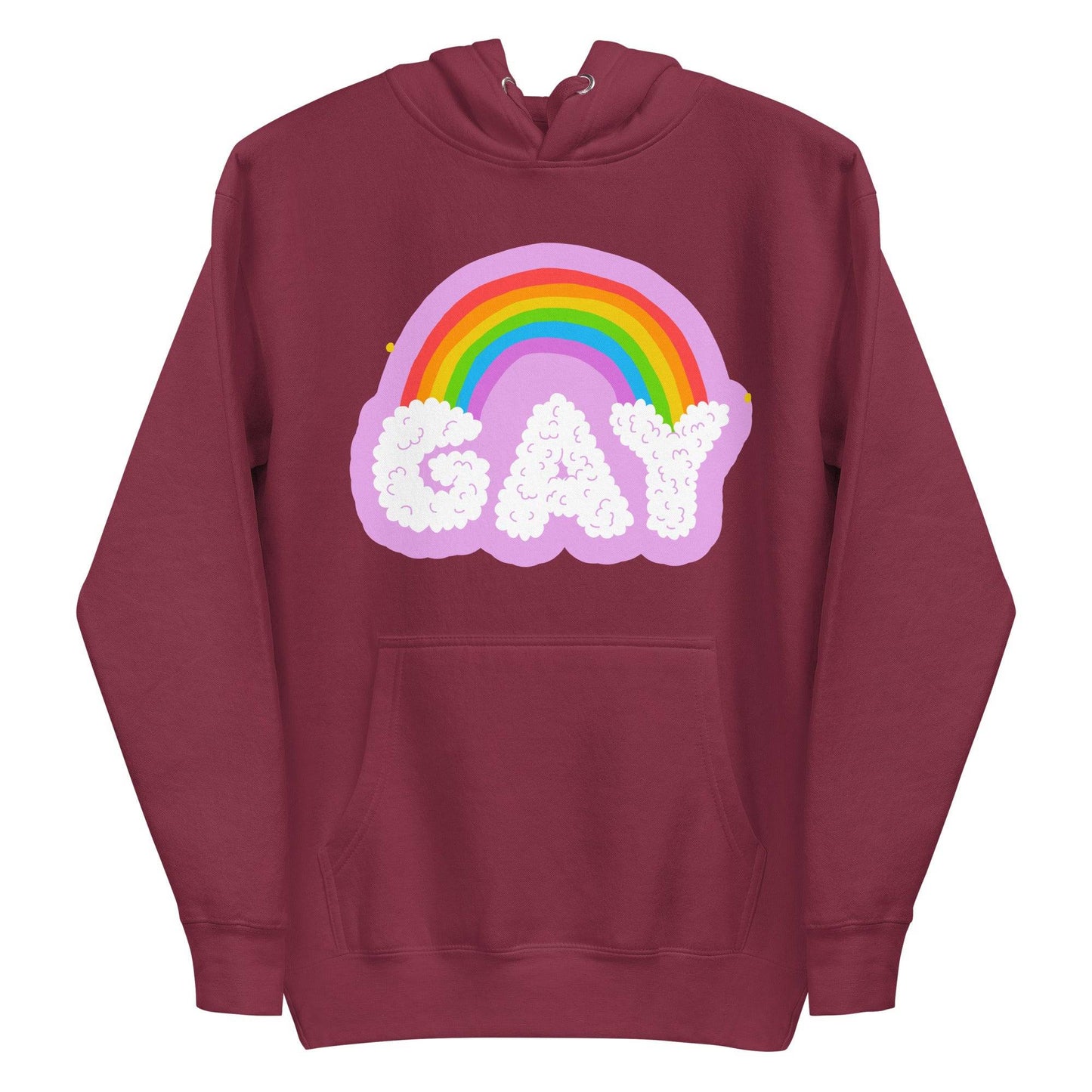 The Cloud Gay Hoodie from Pridelity's Pride Merch collection is a white hoodie showcasing a vibrant rainbow over the word "GAY" in fluffy, cloud-like letters. This bold design celebrates LGBTQ+ pride. The hoodie is equipped with a front pocket and drawstrings for added comfort.